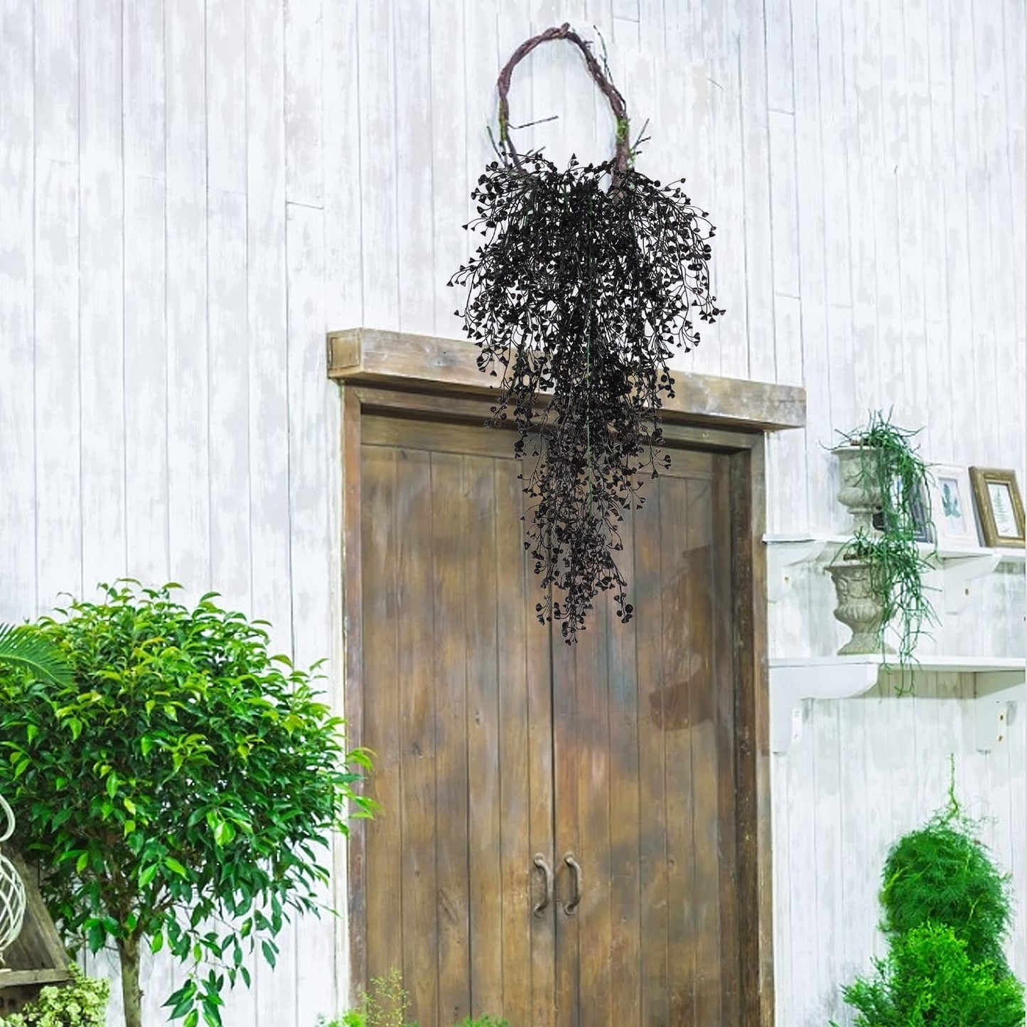 RECUTMS Artificial Hanging Plants Indoor 4 Pcs Artificial Ferns Plants Large Faux Hanging Plant Wall Plants Fake Ivy Room Fall Home Garden Wedding Halloween Party Indoor Outdoor Decor(Black)