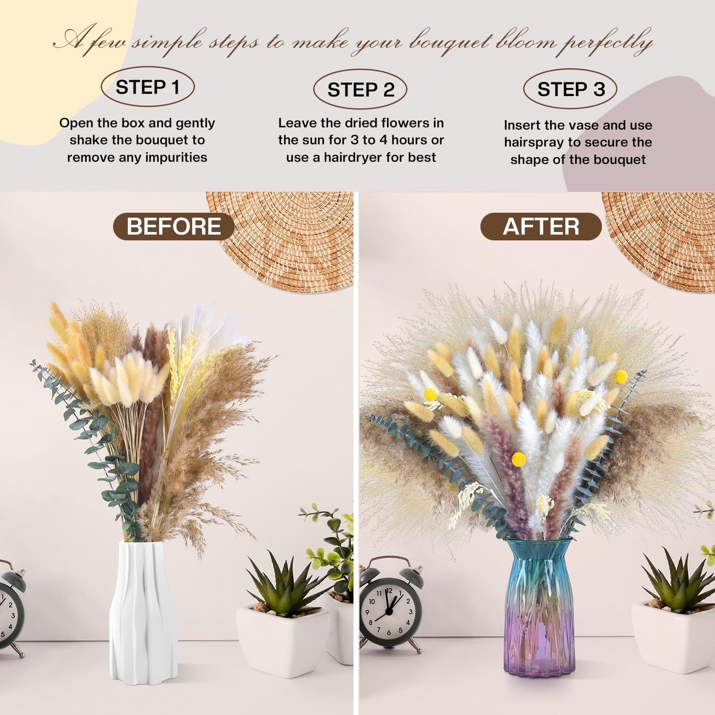 102pcs Dried Pampas Grass Flower Bouquet Decor-White Pompas Grass,Bunny Tails,Reed Grass Bouquet-Eucalyptus-Golden Ball for Boho Home Table Decor,Wedding Boho Flowers&Vase Fillers