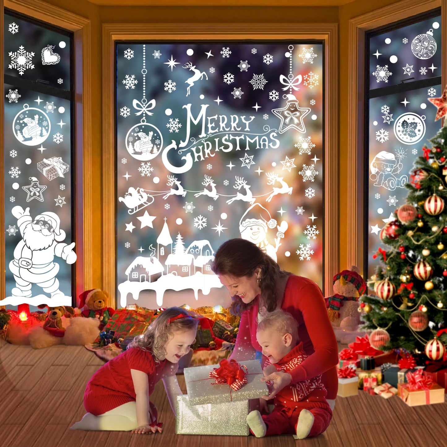 236PCS Double-Sided Snowflakes Christmas Window Stickers, Snowman Xmas Decorations Stickers for Glass Window, Reusable Christmas Decorations