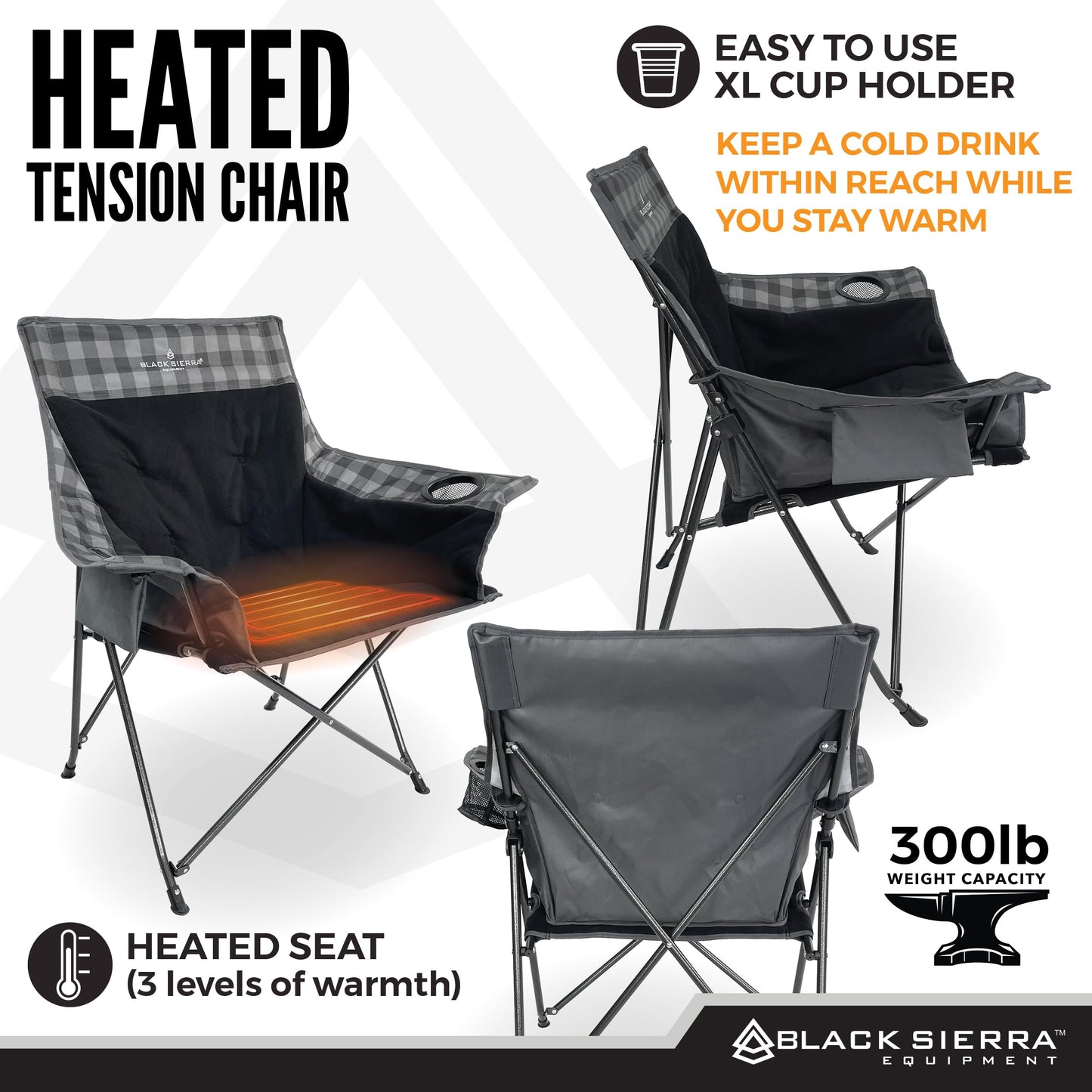 Black Sierra Heated Camping Chair with Battery – XL Fleece Foldable Seat, 3 Heat Settings, Heavy-Duty Steel Frame Supports 300 lbs – Portable, Lightweight for Camping, Sports, Patio, Events