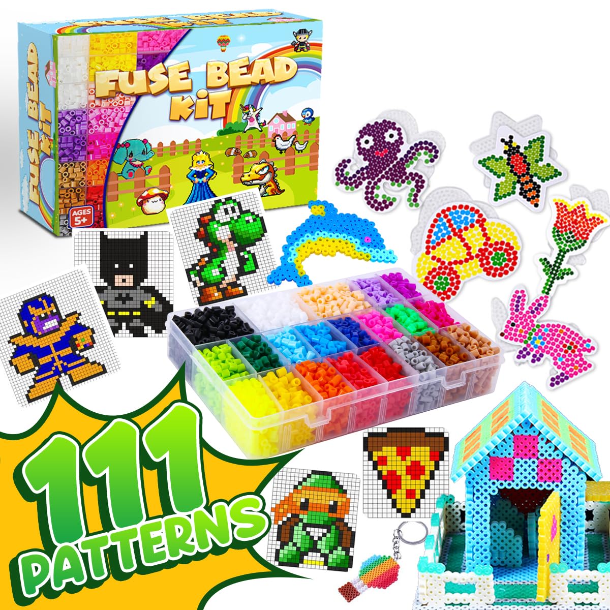 Goody King Board Fuse Beads Iron Set - Fuse Beads Kit for Kids Crafts with Bead Pegboard and Aqua Pony Beads, Pixel Art and Craft Bead Kit (Large Set with Iron)