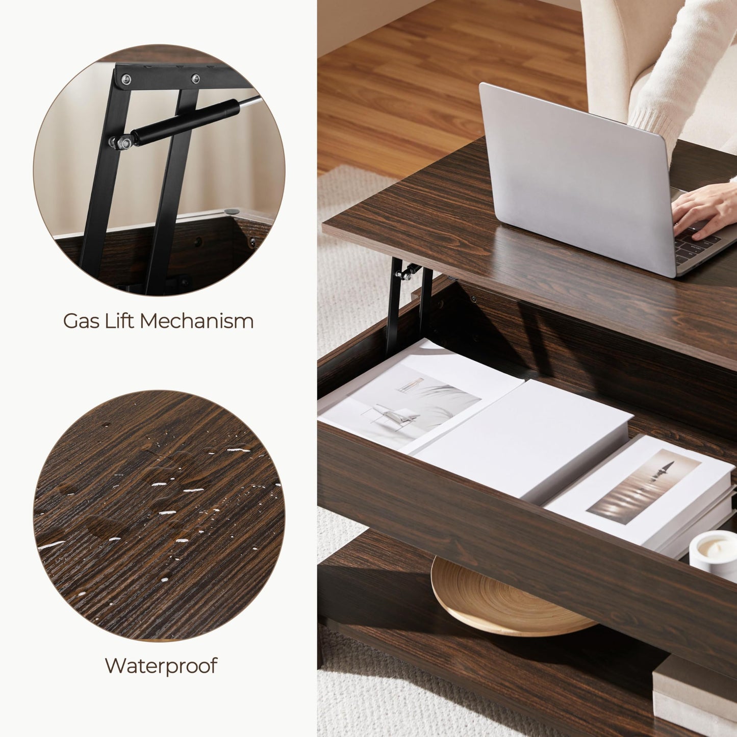 Yaheetech Lift Top Coffee Table with Hidden Compartment and Storage Shelf, Rising Tabletop Dining Table for Living Room Reception Room, 38.6in L, Espresso