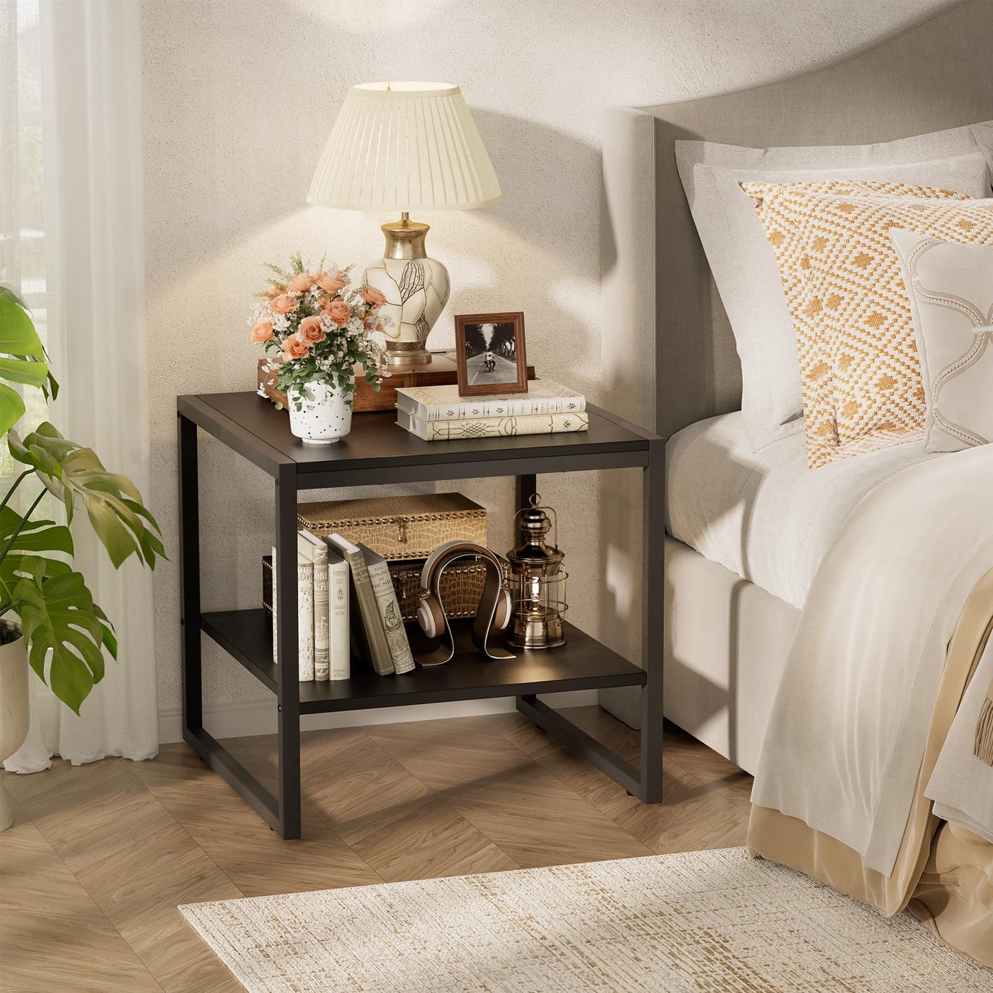 Homieasy End Table, 20 Inch Square End Table, Mini Fridge Stand with 2-Tier Storage Shelves, Industrial Wood Side Tables for Living Room, Black