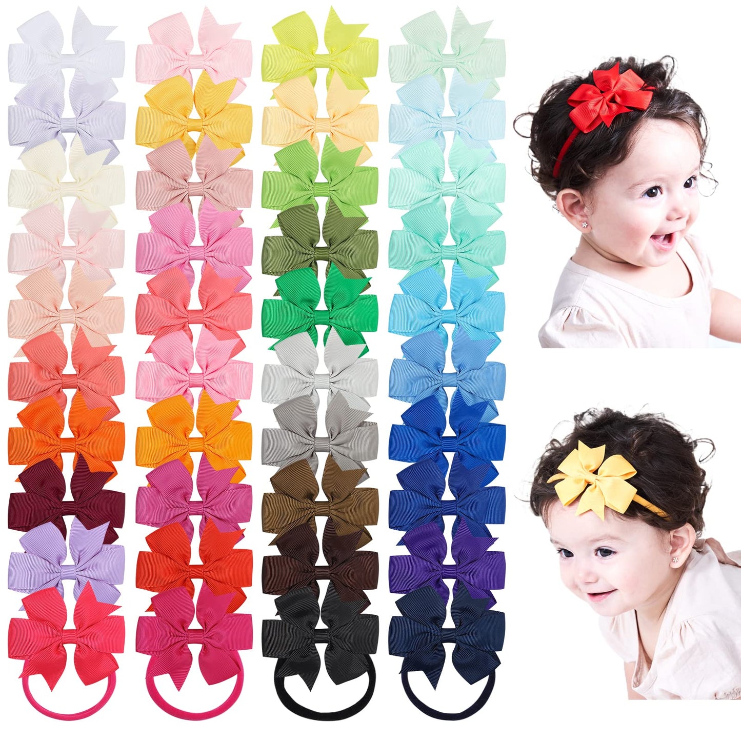 jollybows 40pcs Baby Girls Grosgrain Ribbon Hair Bows Headbands 3" Hair Band Hair Accessories for Infants Newborn Toddler