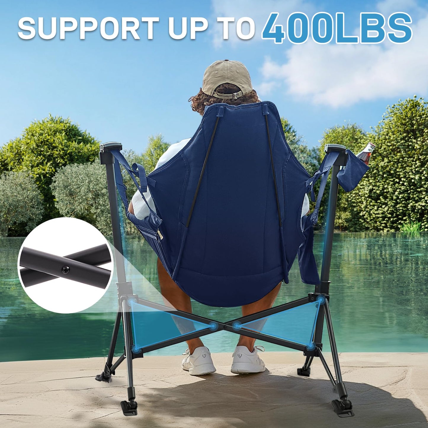 EVER ADVANCED Padded Hammock Camping Chair, Oversized Heavy Duty Swing Chair with Detachable Cup Holder, Portable Folding Rocking Camping Chair, Support Up to 400lbs, Blue
