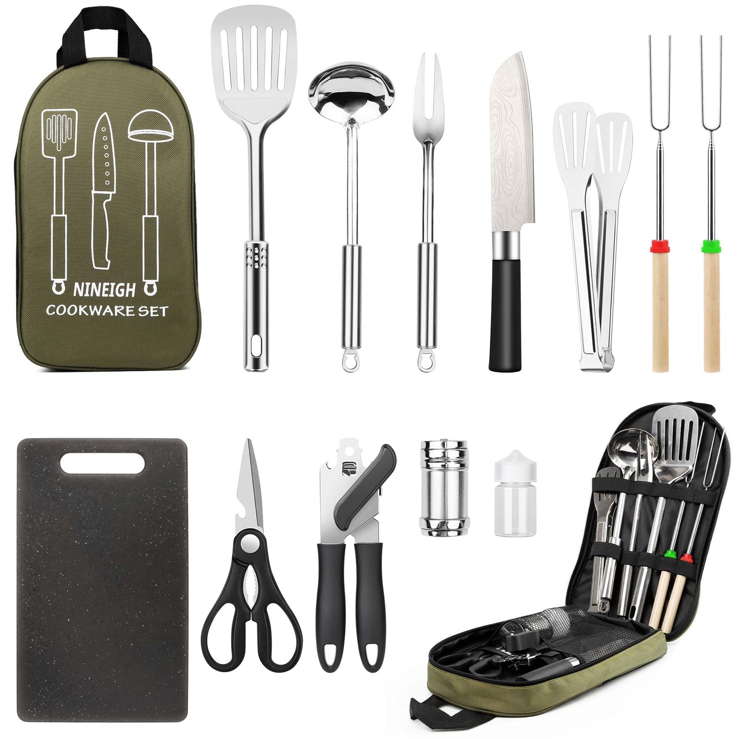 Camping Cooking Utensils Set, Stainless Steel Grill Tools, Camping BBQ Cookware Gear and Equipment for Travel Tenting RV Van Picnic Portable Kitchen Essentials Accessories