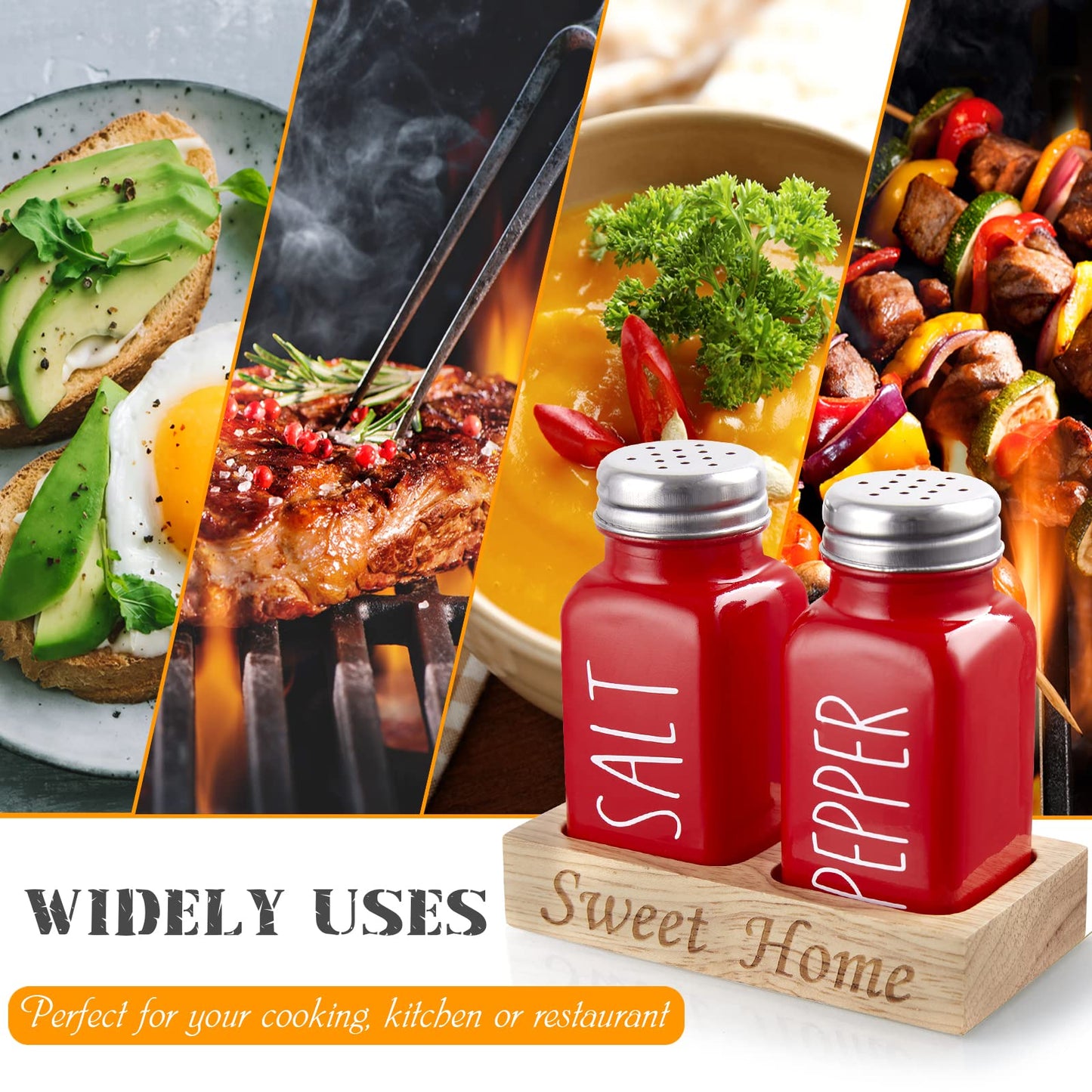 Red Salt and Pepper Shakers Set with Holder - Dopeca Glass Salt Shaker with Wood Tray for Kitchen Counter - Red Kitchen Decor and Accessories - for Christmas Kitchen Housewarming Gift - 2.7 oz