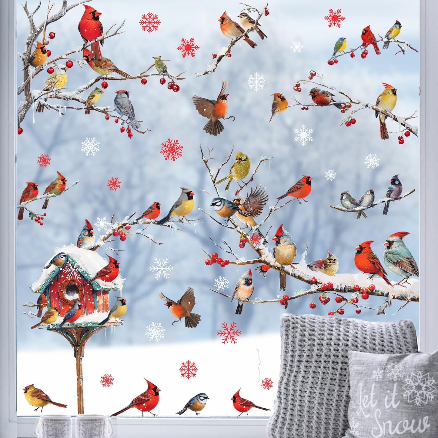 Winter Window Stickers Christmas Window Clings Indoor Outdoor Decoration Xmas Stickers for Winter Holiday Supplies Birds Tree Branch Window Decals for New Year Christmas Party Living Room Home Decor