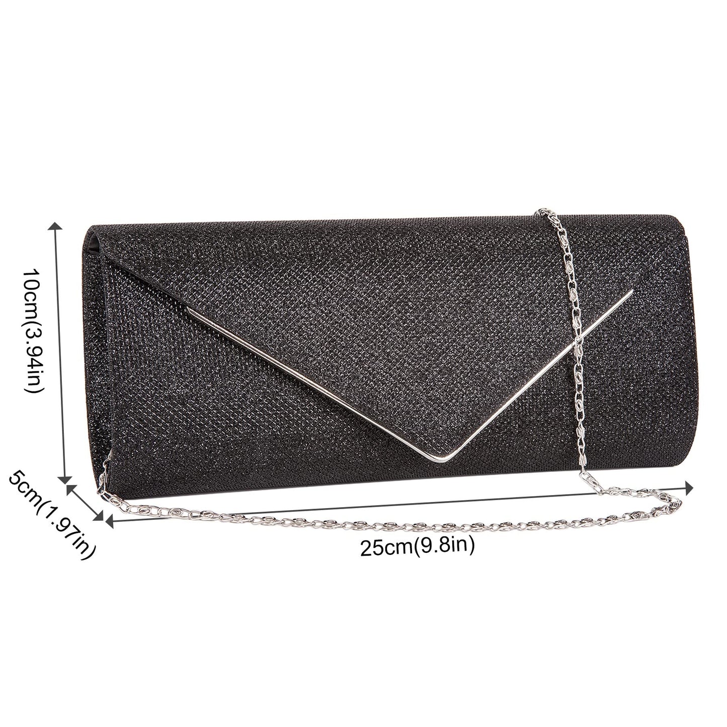 Larcenciel Clutch Purses for Women, Sparkling Envelope Evening Bag with Detachable Chain, Glitter Sequins Metal Formal Handbag Shoulder Crossbody Bag Prom Party Purse Bridal Wedding Clutch Bag(Black)