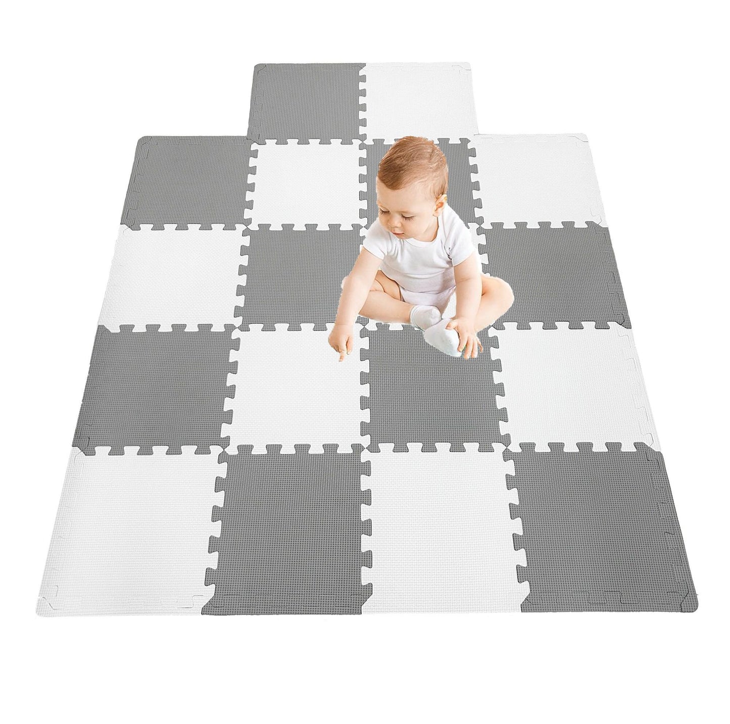 18 Pieces Foam Play Mat, Interlocking Playmat Tiles, Foam Floor Mat Tiles for Kids, Puzzle Play Mats, Exercise Gym Mats – Color of Gray & White with Border