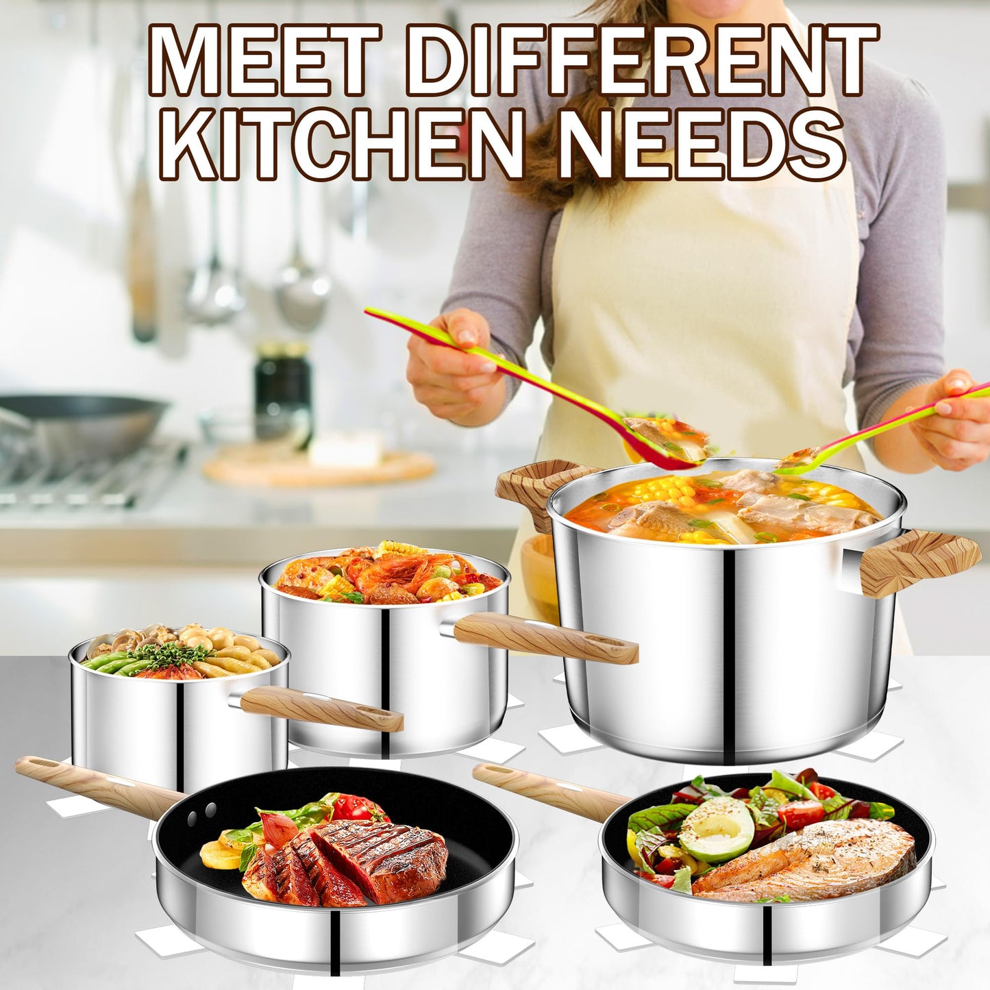 Stainless Steel Pots and Pans Set, 13 Pcs Cookware Set, RV Kitchen Cooking Set w/Non Stick Frying Pans & Saucepans & Lids & Stay-cool Wooden Handle, Induction Oven Dishwasher Safe, Non Toxic