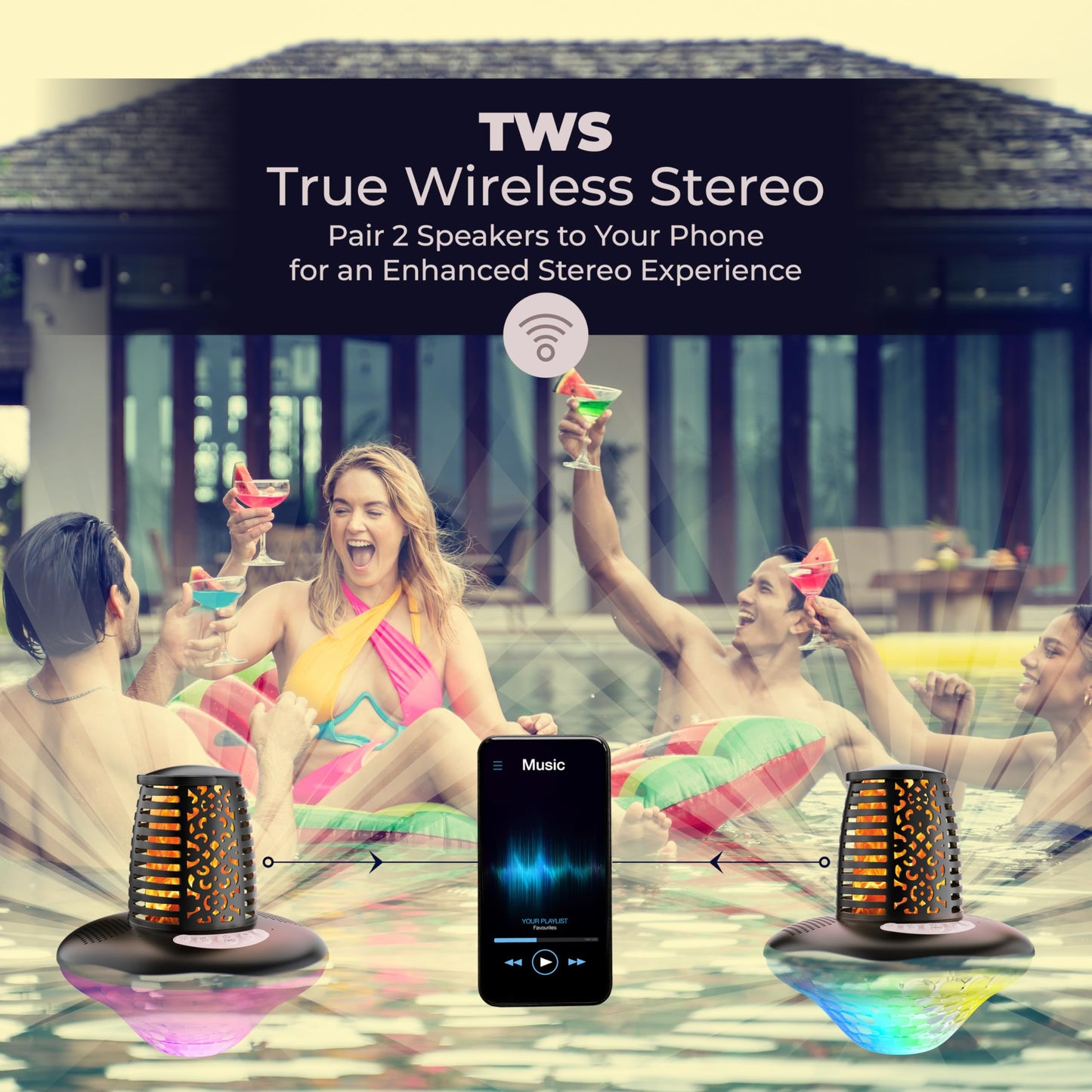 VISOFO Waterproof Portable Bluetooth Speaker | Pool Floating IP68 Loud Stereo HD Sound with RGB Colorful Lights and Led Torch Flame TWS Pairing Built-in Mic 10W Deep Bass Spa Hot Tub Accessories