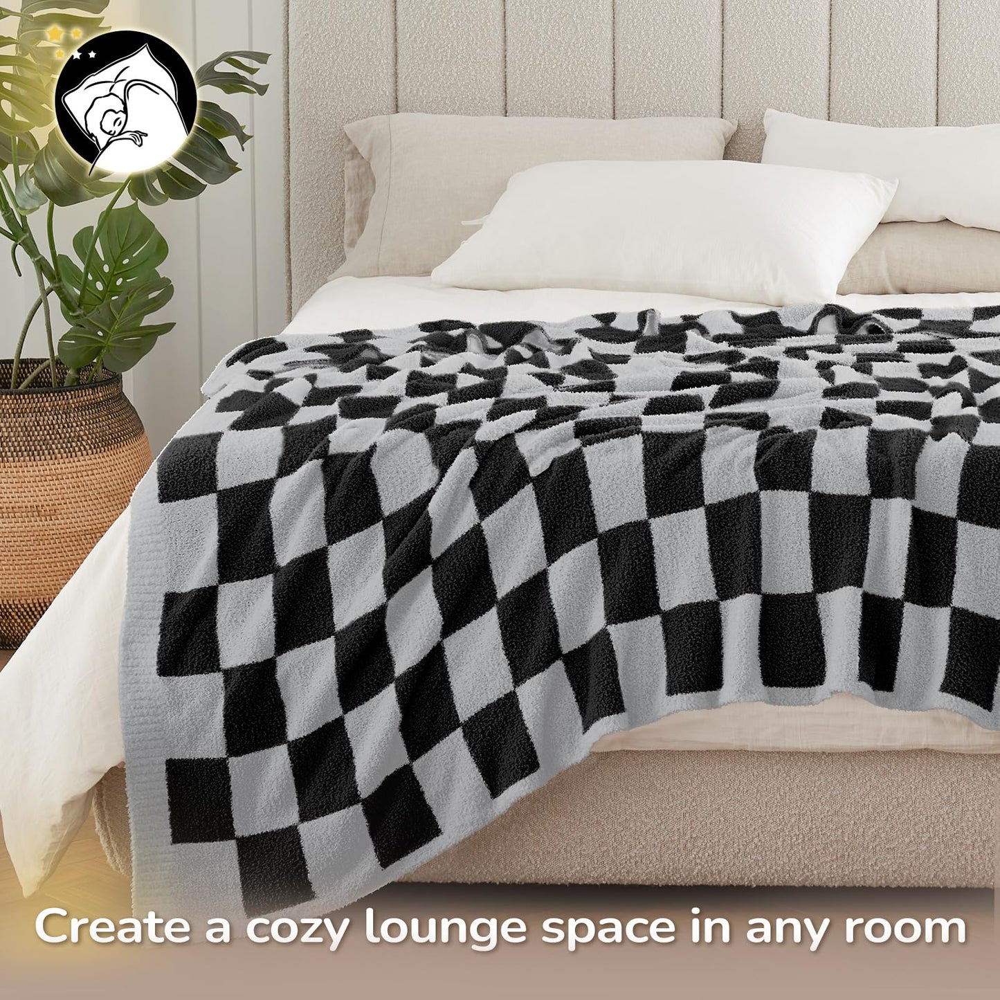 Basic Beyond Black Throw Blanket for Couch, Super Soft Fluffy Checkered Blanket, Cozy Fuzzy Throw Blankets for Bed, Sofa, Chair, 50x60