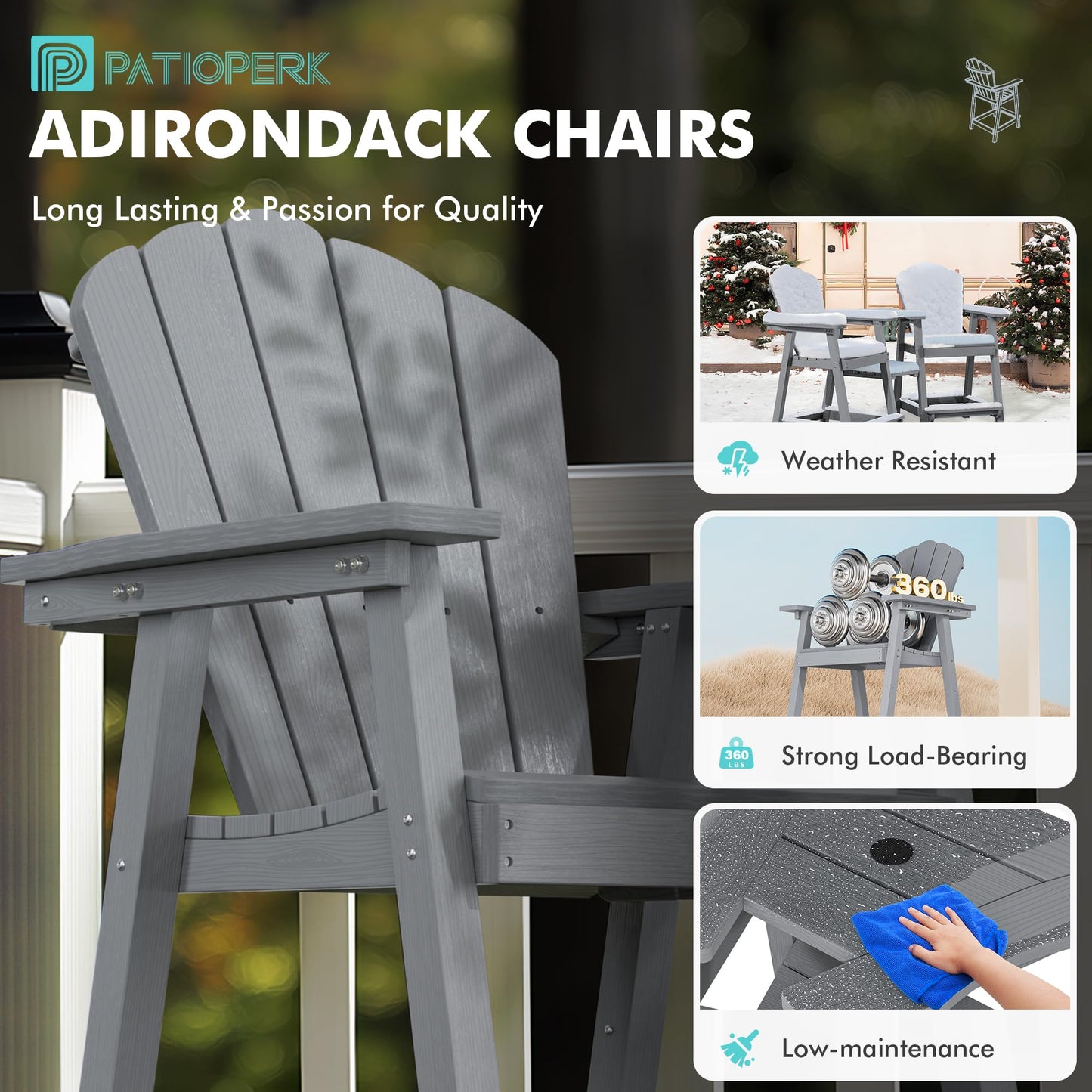 PatioPerk Tall Adirondack Chair Set of 2 with Double Connecting Tray, Recycled HDPE with Wood Grain, Weather Resistant, Outdoor Adirondack Chairs for Deck, Balcony, Patio, Backyard, Light Grey