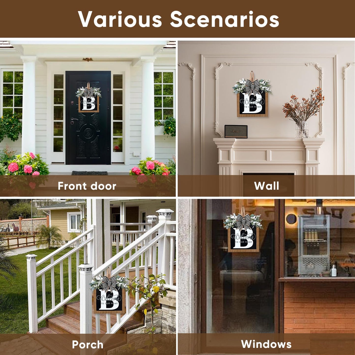 Ultra Large 14'' Last Name All Year Round Front Door Wreath with 26 Initial Letter Welcome Sign All Seasons Eucalyptus Garland and Bow Wreaths for Front Door Porch Farmhouse Decoration (B)