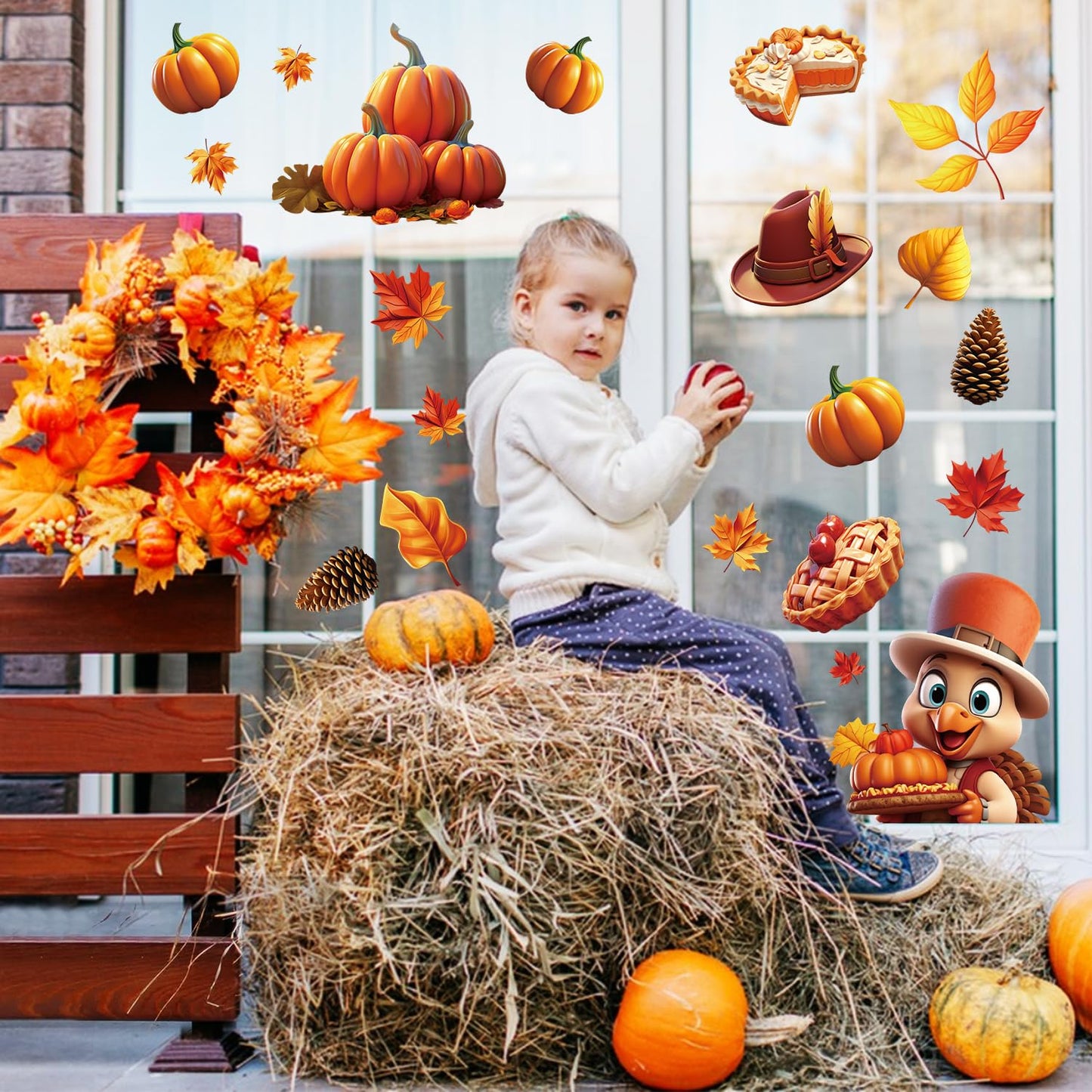 LOKIPA 3D Thanksgiving Window Stickers, 8 Sheets Thanksgiving Window Clings Double Sided Window Decals for Thanksgiving Window Decorations, Yellow