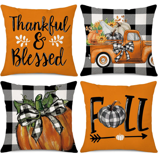 Gujiahone Fall Throw Pillow Covers 18 x 18 Inch Set of 4 Buffalo Check Plaid Pumpkin and Truck Thankful Blessed Fall Thanksgiving Decorative Cushion Cases for Sofa Couch Bed