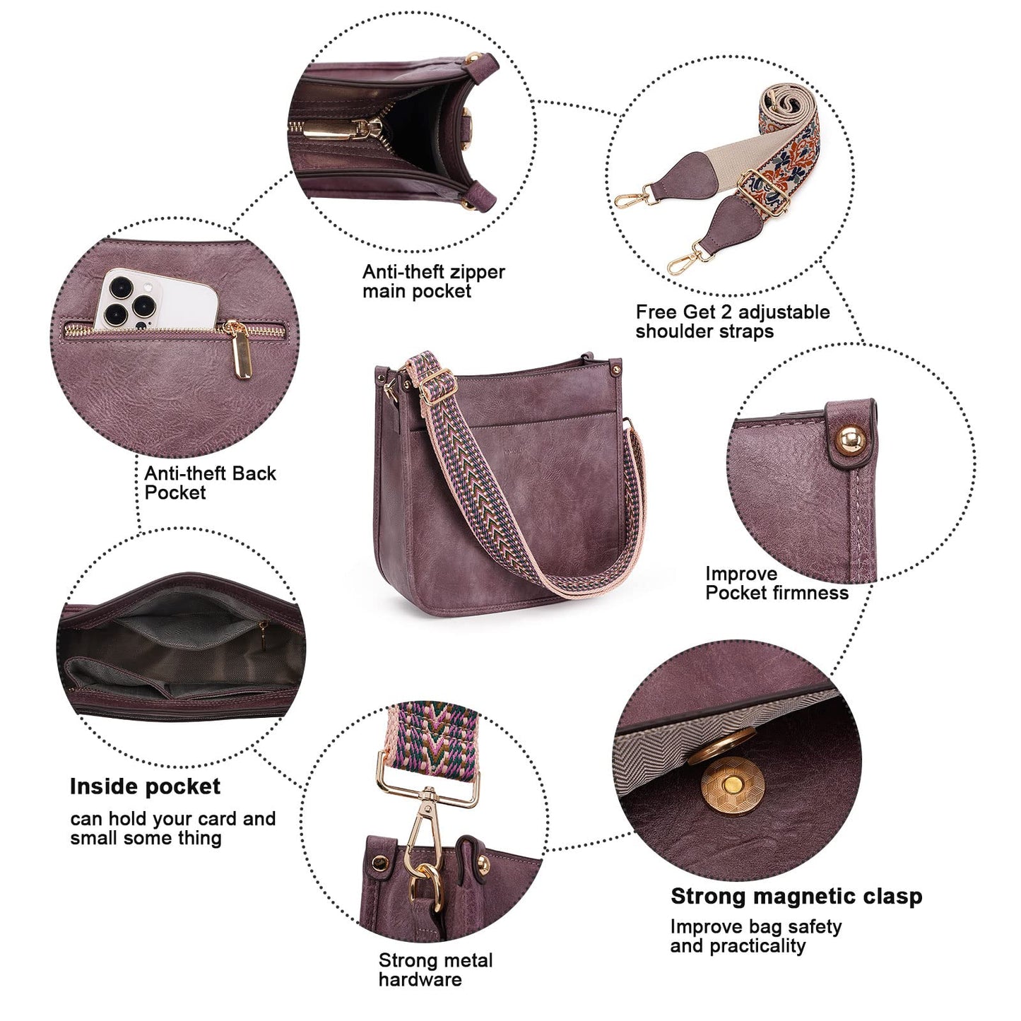 HKCLUF Crossbody Bags for Women Trendy Vegan Leather Hobo Handbags With 2pcs Adjustable Guitar Strap Crossbody Purse For Women(Purple)