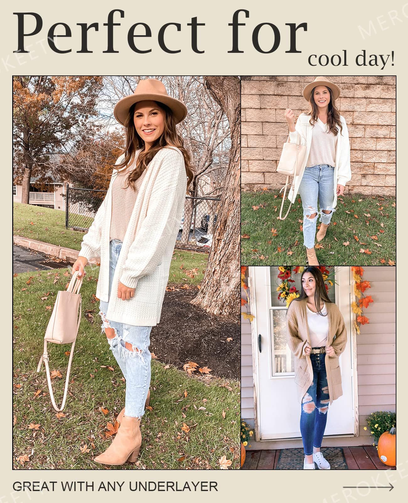 MEROKEETY Women's 2025 Fall Open Front Chunky Knit Sweater Oversized Lantern Sleeve Cardigan Outwear, Beige, Medium