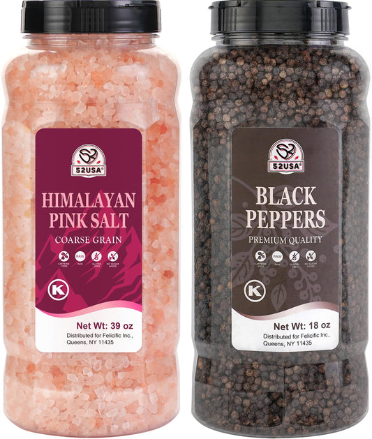 52USA Whole Black Peppercorns 18 oz + Himalayan Pink Salt (Coarse Grain) 39 oz, Salt and Pepper Grinder, Black Peppercorn Refil, Kosher Salt for Grinder Refill, Pink Himalayan Sea Salt, 2 Piece Set