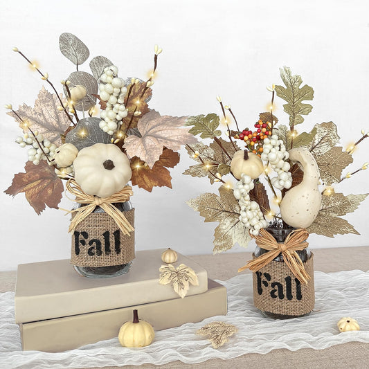 2 Pack 13.5 Inch Fall Decorations for Home Fall Table Centerpieces with 20 LED Lights Timer, Mason Jar with Maple Leafed Pumpkins Berried for Fall Thanksgiving Dining Table Decor Coffee Table Bathroom