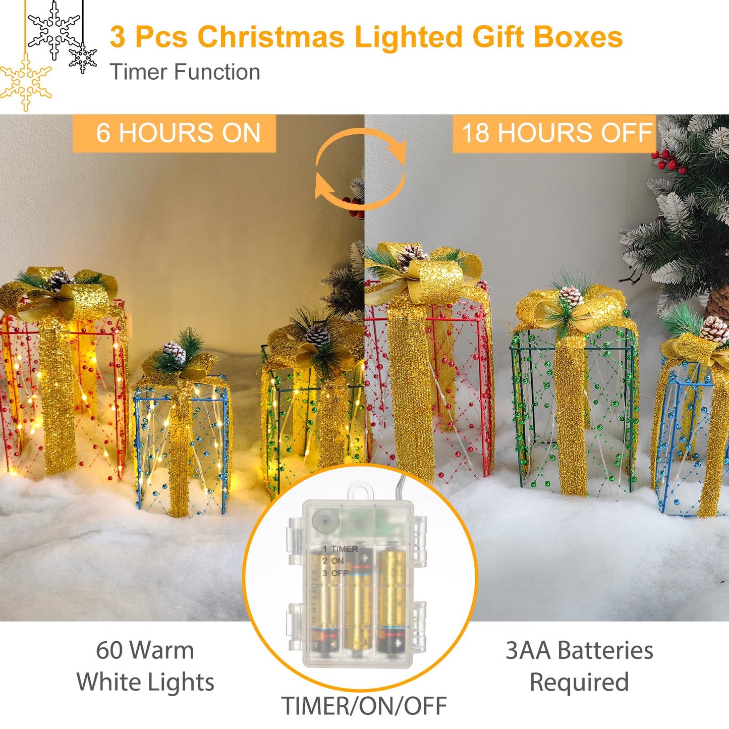 3 Pcs Christmas Lighted Gift Boxes, Pre-lit Xmas Present Boxes with Red Green Blue Beaded Ribbons 60 Warm White LEDs for Home Lawn Indoor Outdoor Christmas Decor