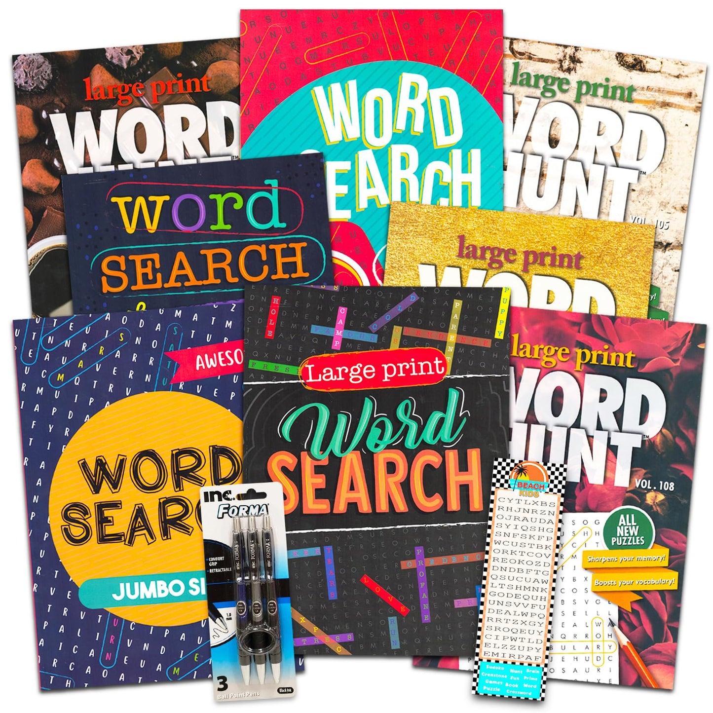 8 Large Print Word Search Books for Adults, Seniors - Set of 8 Jumbo Word Hunt Puzzle Books with Large Print Plus Pen and Magnifier (Over 700 Word Find Puzzles)