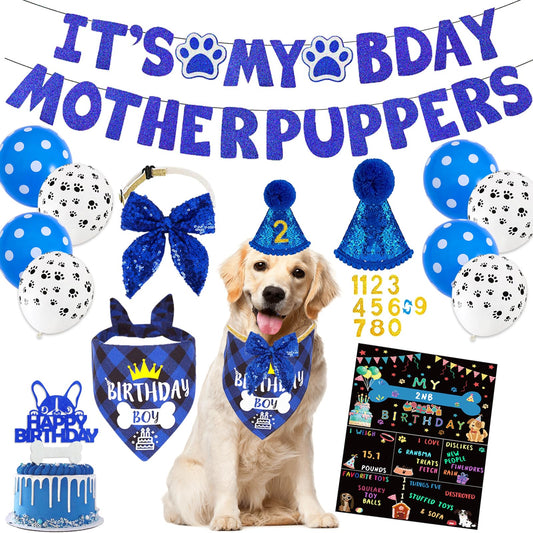 Blue Dog Birthday Party Supplies Pet Birthday Bandanas Boy Doggy Birthdays Hat Bow Tie Greeting Card Numbers It’s My Bday Mother Puppers Sign Banner for Medium Large Pets