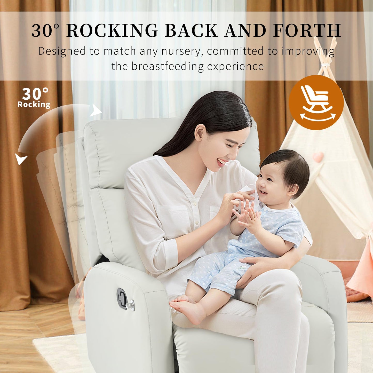 CHSICFOR Modern Recliner, Swivel Glider Chair, Nursery Reclining Sofa with Lumbar Support, Adult Soft Padded Faux Leather, 360 Free Rotation, Removable Phone Holder, Gray