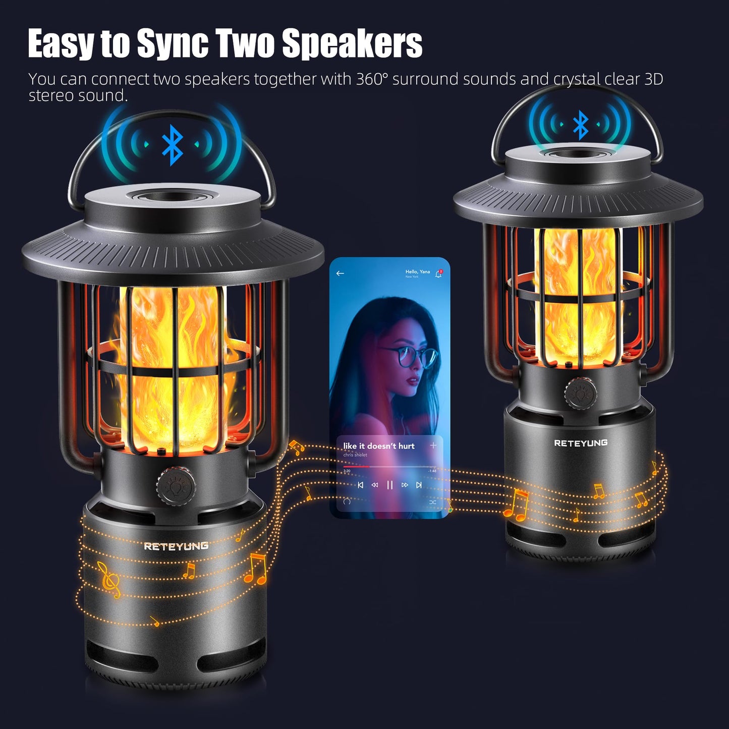 RETEYUNG Outdoor Speakers Bluetooth Waterproof Patio,10W Wireless Portable LED Flame Light Speaker with Torch Atmosphere for Patio/Yard/Party/Camping Black,Gifts for Men Women Dads Moms(2 Pcs)