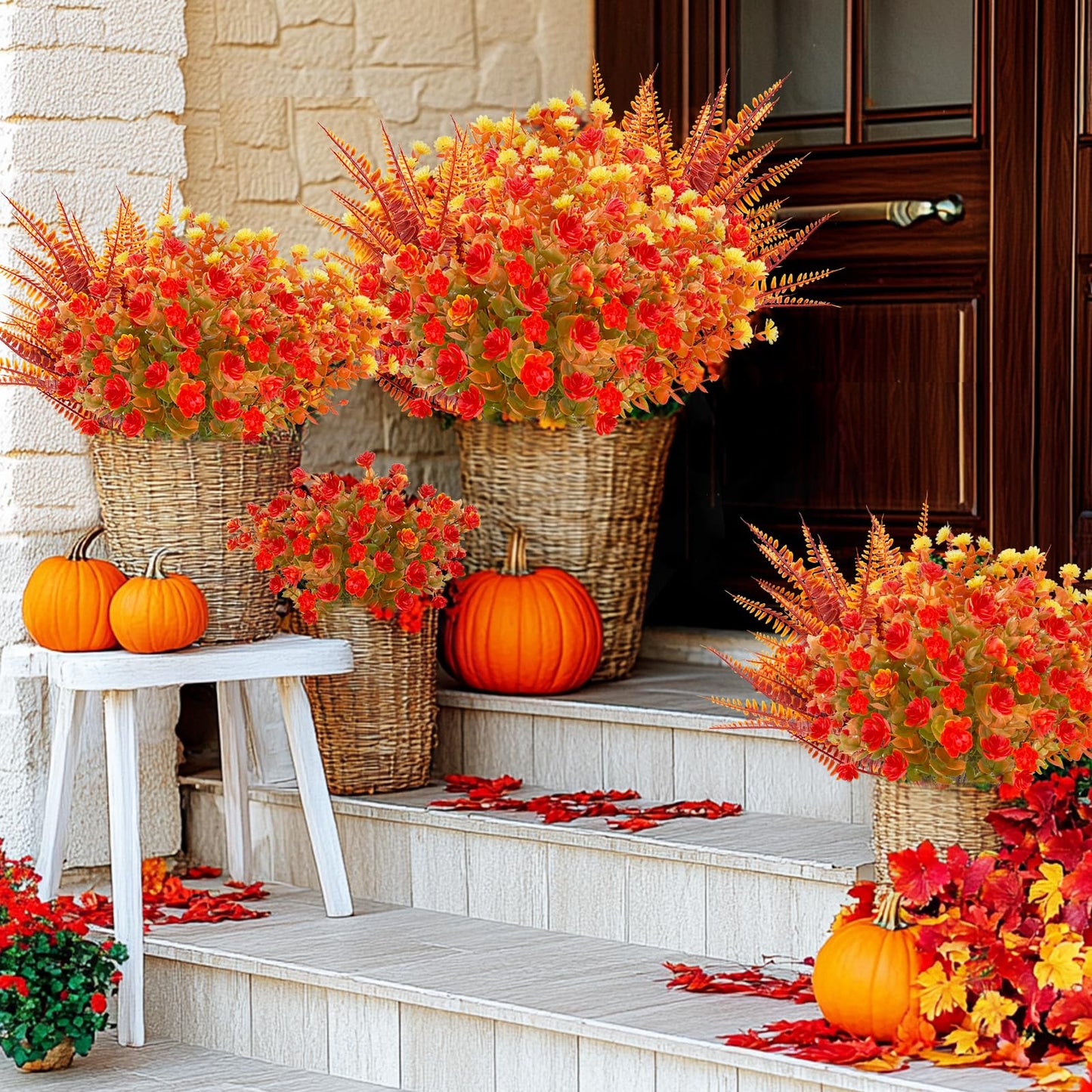 TURNMEON 12 Bundles Artificial Fall Flowers for Outdoors Fall Decorations,UV Resistant Fake Mums Faux Fall Plants Plastic Orange Boston Fern Eucalyptus Home Gardens Porch Autumn Thanksgiving Decor