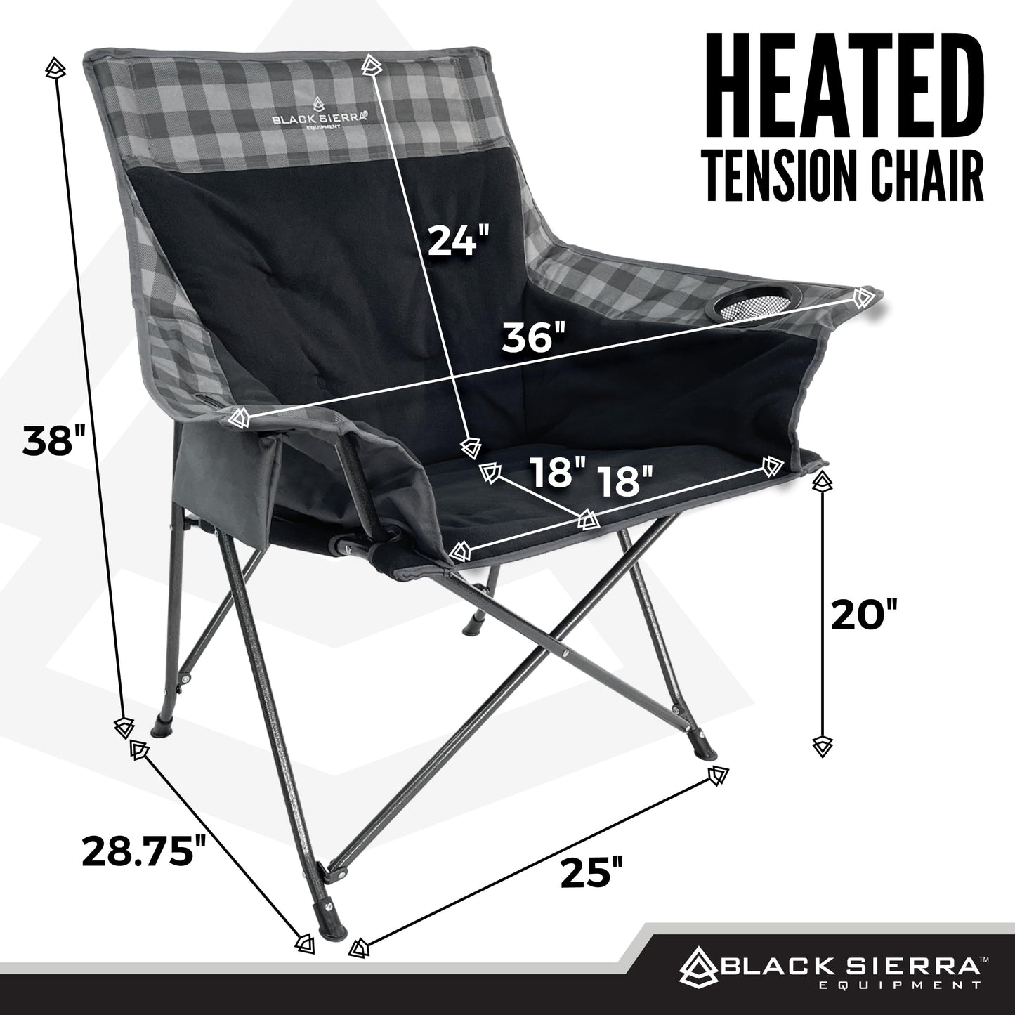 Black Sierra Heated Camping Chair with Battery – XL Fleece Foldable Seat, 3 Heat Settings, Heavy-Duty Steel Frame Supports 300 lbs – Portable, Lightweight for Camping, Sports, Patio, Events