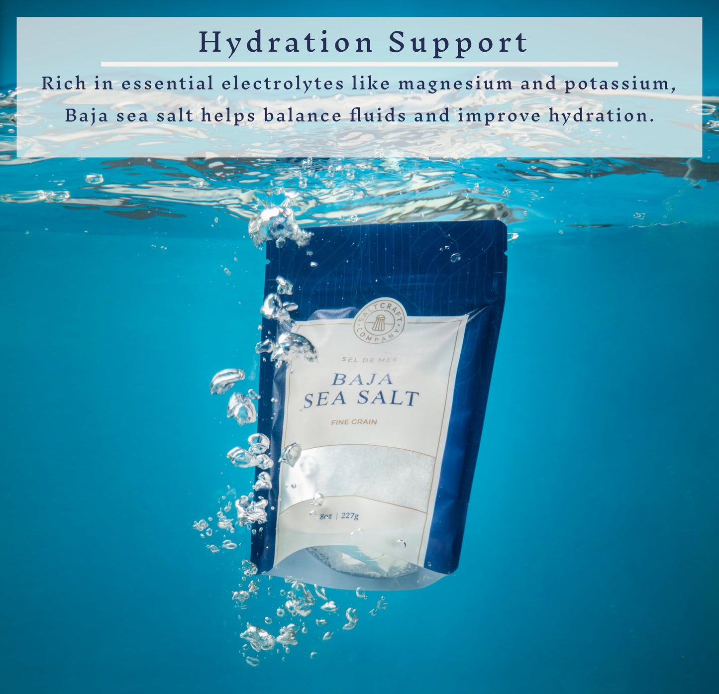 SALTCRAFT COMPANY - Baja Sea Salt, Fine Grain Crystals, Low Sodium 30%, Kosher Certified & Mineral Salt - 8 Ounce