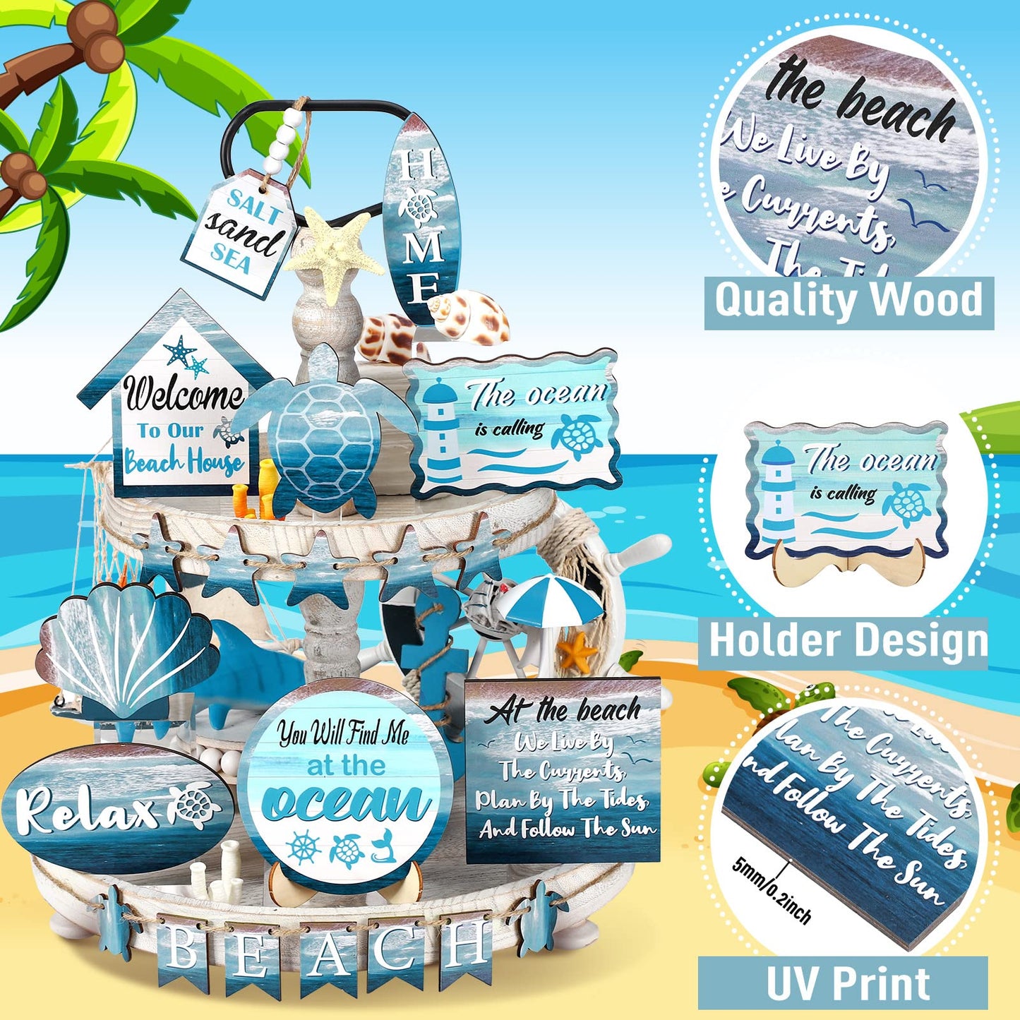 Maitys 21 Pcs Summer Beach Tiered Tray Decor Set Farmhouse Tray Decor Items Sea Turtle Shell Conch Wood Sign Rustic Beach Table Decoration for Home Kitchen Hawaii Party Holiday Outdoor Shelf