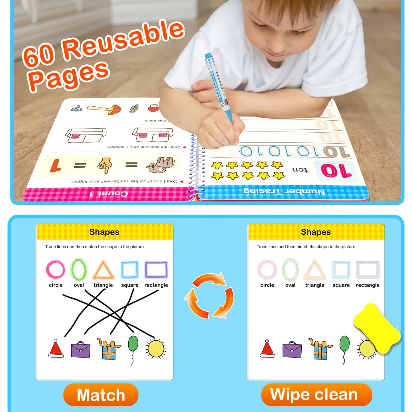 Hulupiggy Preschool Learning Activities 60 Reusable Pages, Number Tracing Addition Subtraction Math Practice Kindergarten Workbook, Educational Fine Motor Toddler Learning Toys for 3 4 5 Year Olds