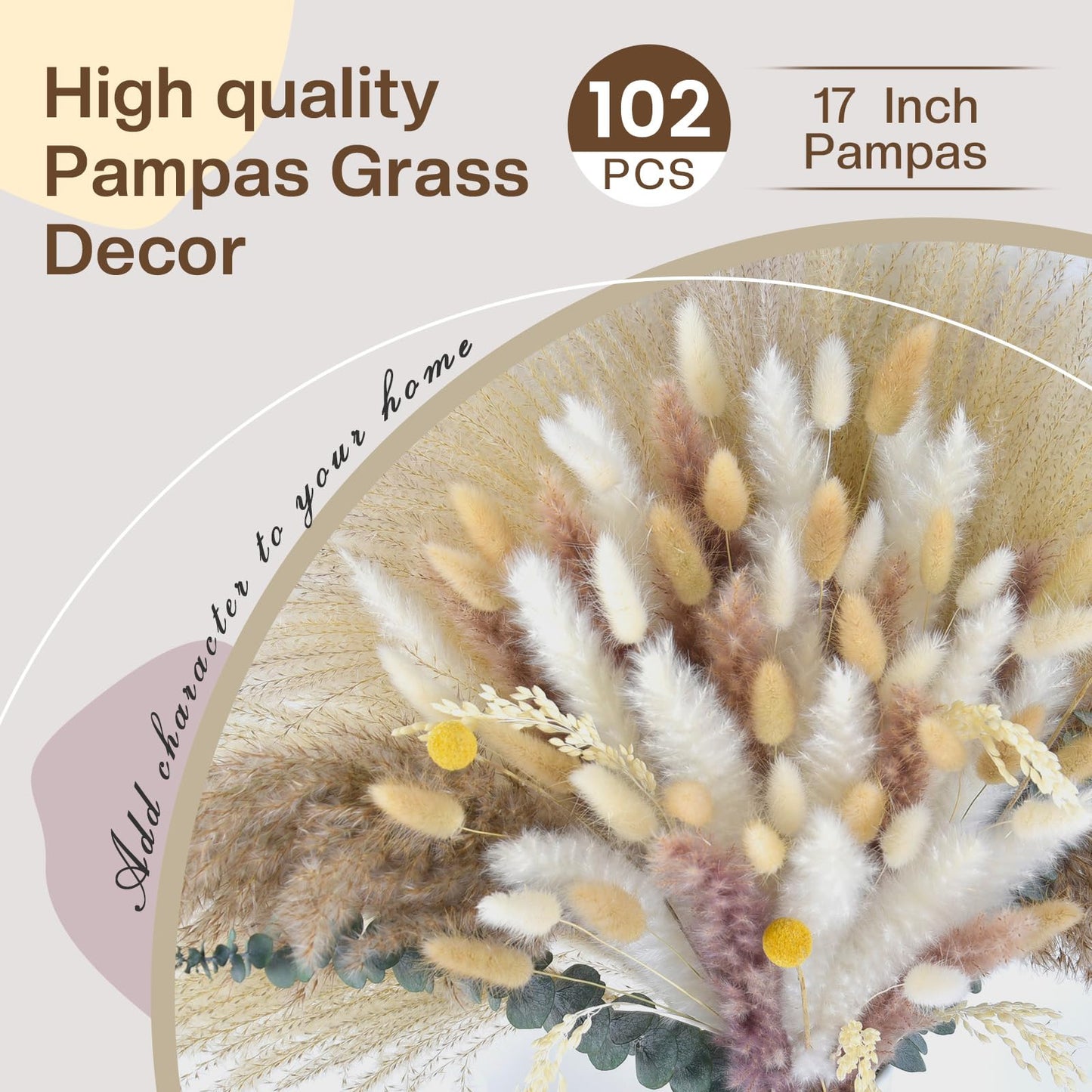 102pcs Dried Pampas Grass Flower Bouquet Decor-White Pompas Grass,Bunny Tails,Reed Grass Bouquet-Eucalyptus-Golden Ball for Boho Home Table Decor,Wedding Boho Flowers&Vase Fillers
