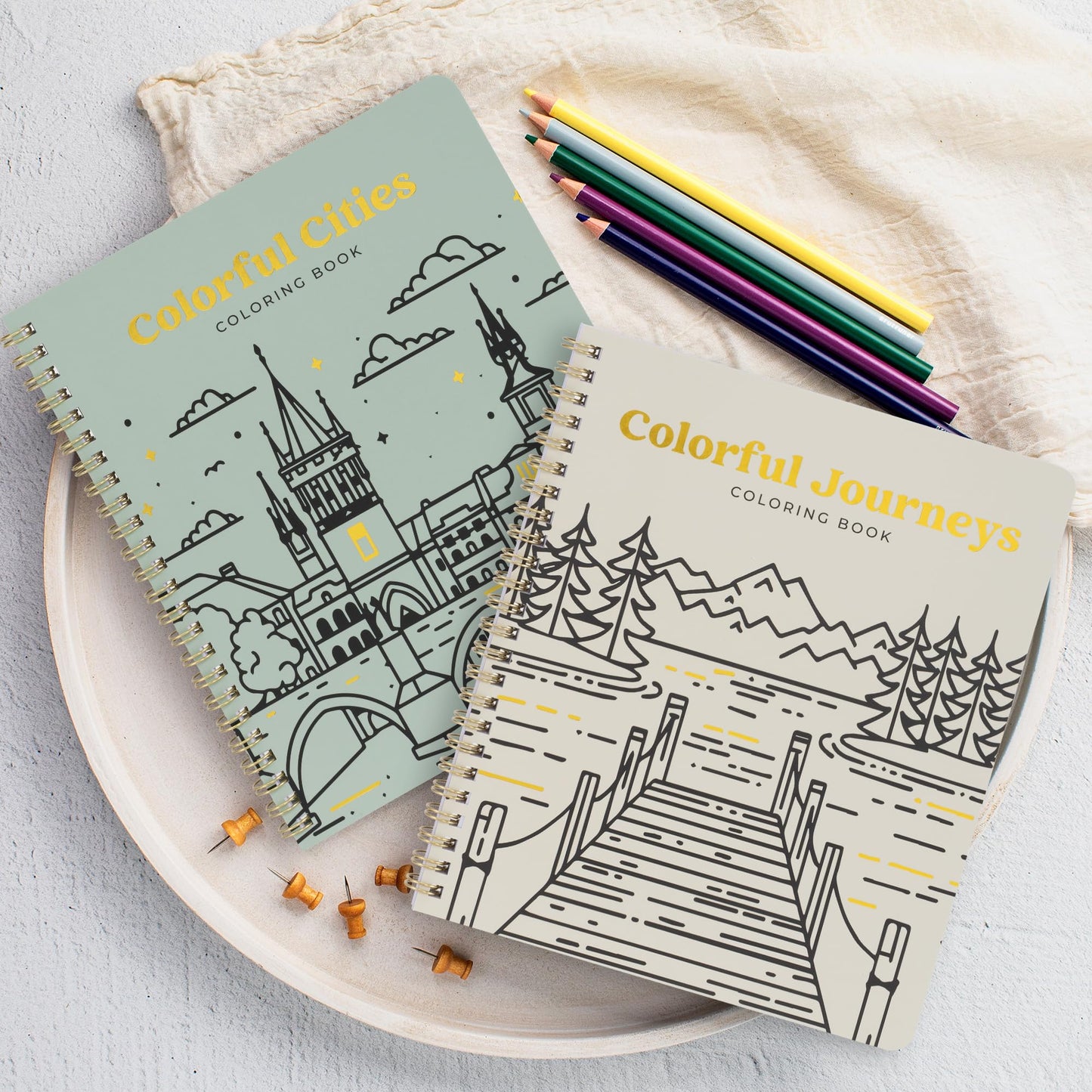 Beautiful Adult Coloring Book Set of 2 for Relaxation - Inspirational Adventures and Landmarks Scenery For the Spirit of Wanderlust - Perfect Stress-Relieving Gift for Women