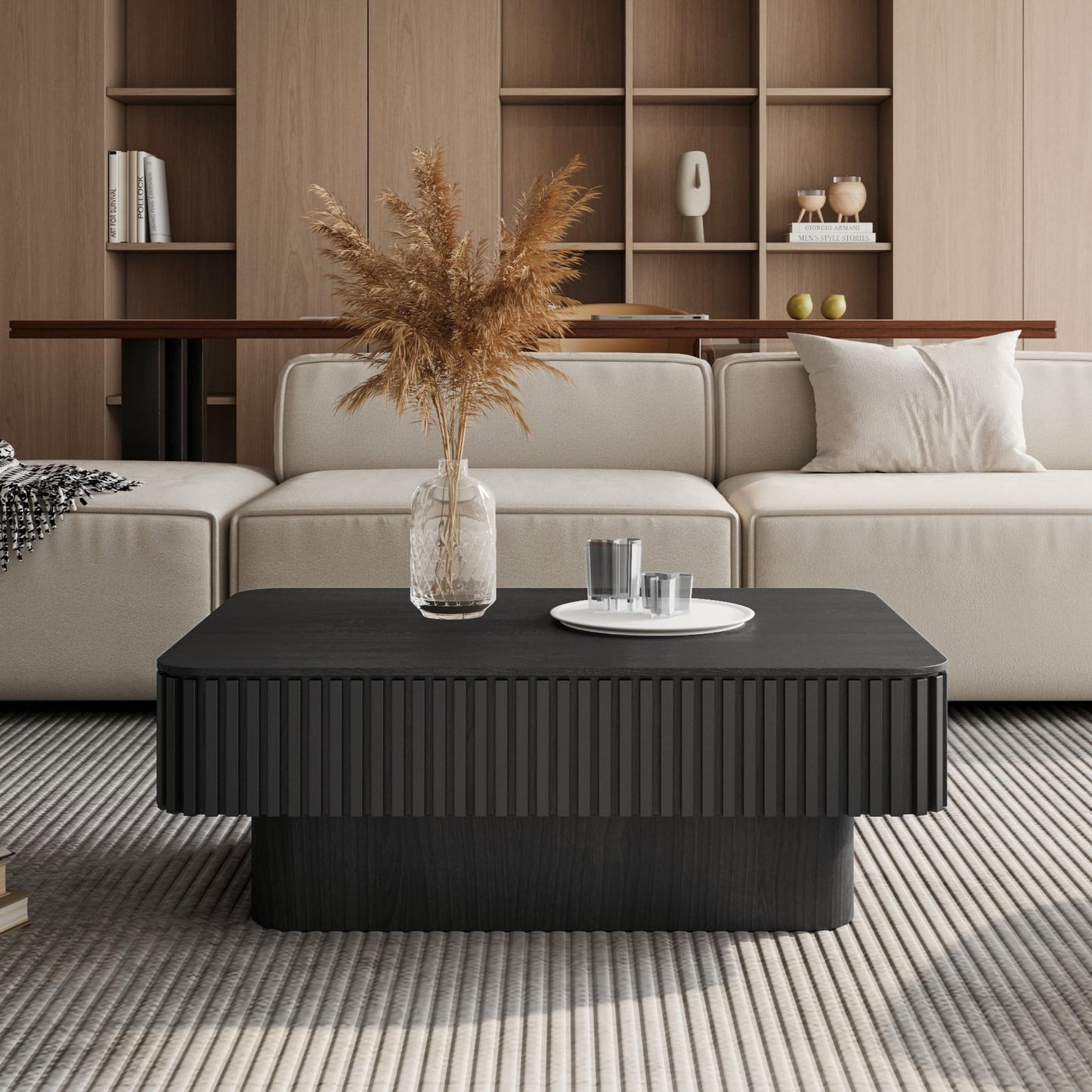 LKTART 38.6''Black Fluted Lift Top Coffee Table Modern Handcraft Drum Wooden Solid Wood Veneer Tea Table for Living Room Apartment(Hidden Storage)