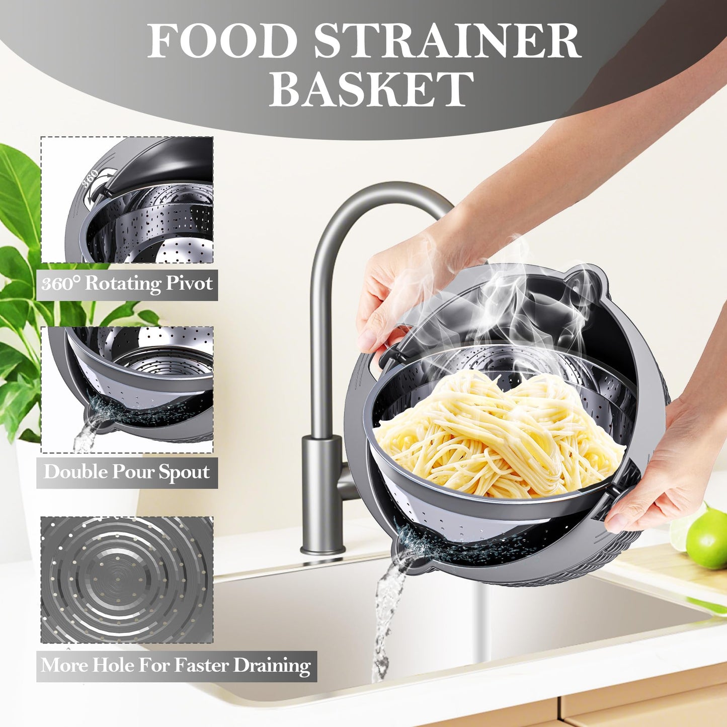 4-in-1 Colander with Bowl Set – Food Strainers and Colanders - Stainless Steel Rotatable Strainer for Fruits & Veggies – Pasta Strainer - Kitchen Essentials - Grey