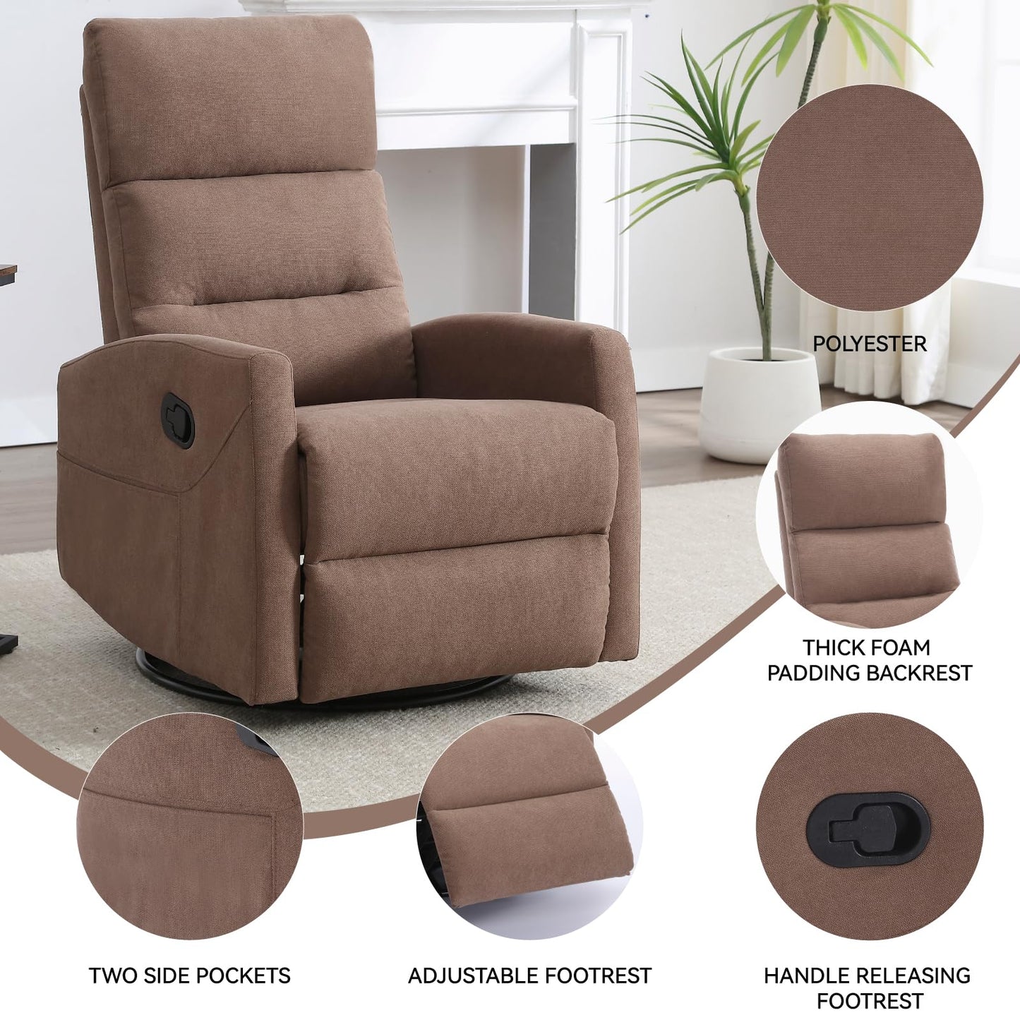 KEIKI Swivel Rocker Recliner Chair with Adjustable Backrest & Pockets, Ergonomic Lounge Sofa Chair for Living Room Bedroom, Brown