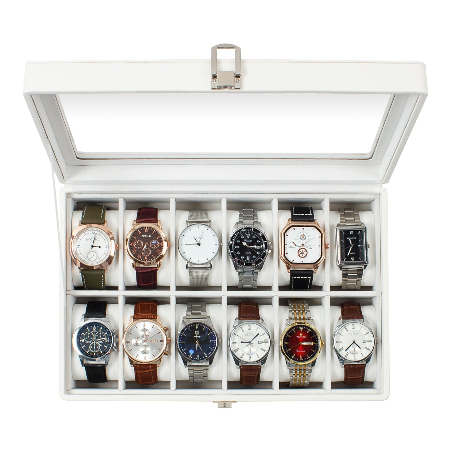 GUKA Watch Box, 12 Slot Watch Case with Large Real Glass Lid, Watch Organizer with Removable Watch Pillow, White Synthetic Leather Watch Display, White