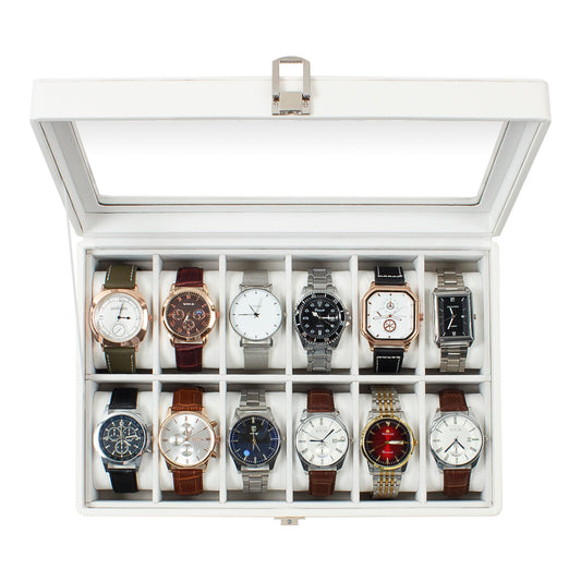 GUKA Watch Box, 12 Slot Watch Case with Large Real Glass Lid, Watch Organizer with Removable Watch Pillow, White Synthetic Leather Watch Display, White