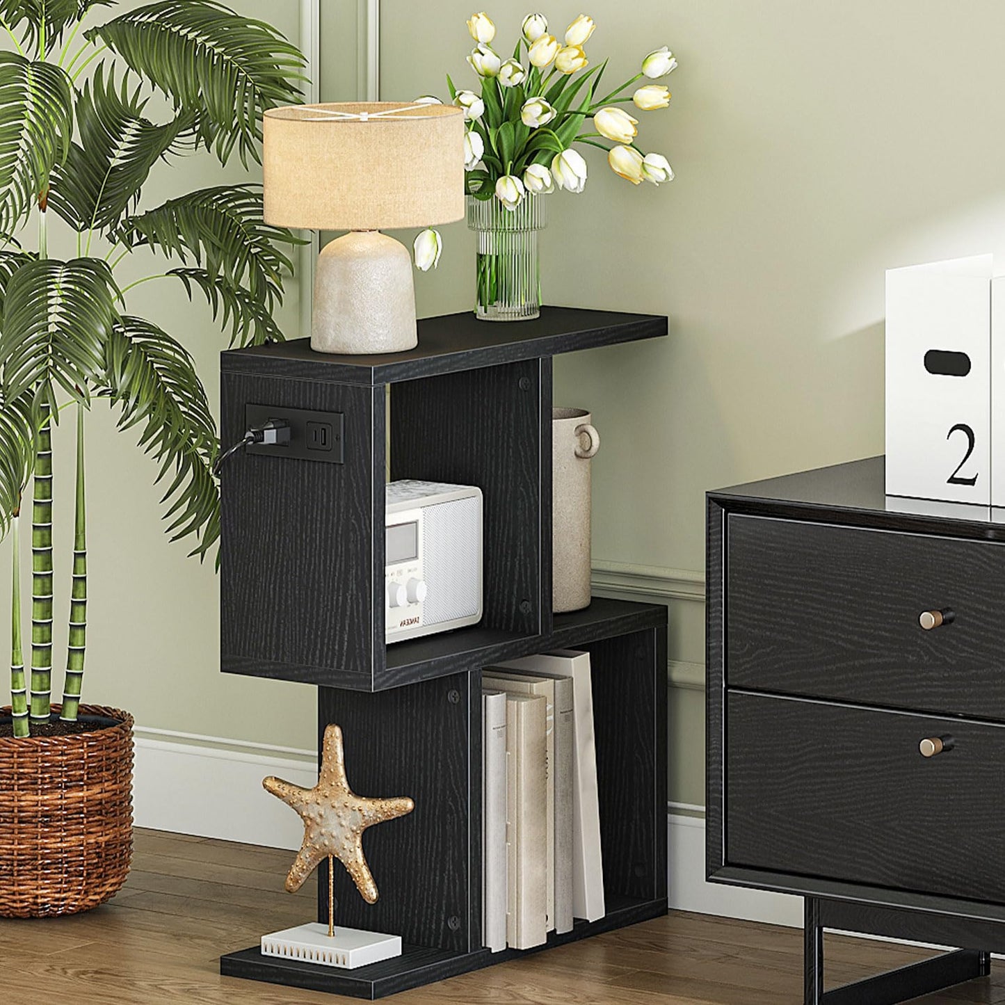 HOOBRO Narrow Side Table with Charging Station, S-Shaped Slim End Table Geometric Bookshelf with Open Storage, for Small Space, Living Room, Bedroom, Rustic Brown FG137UBZ01