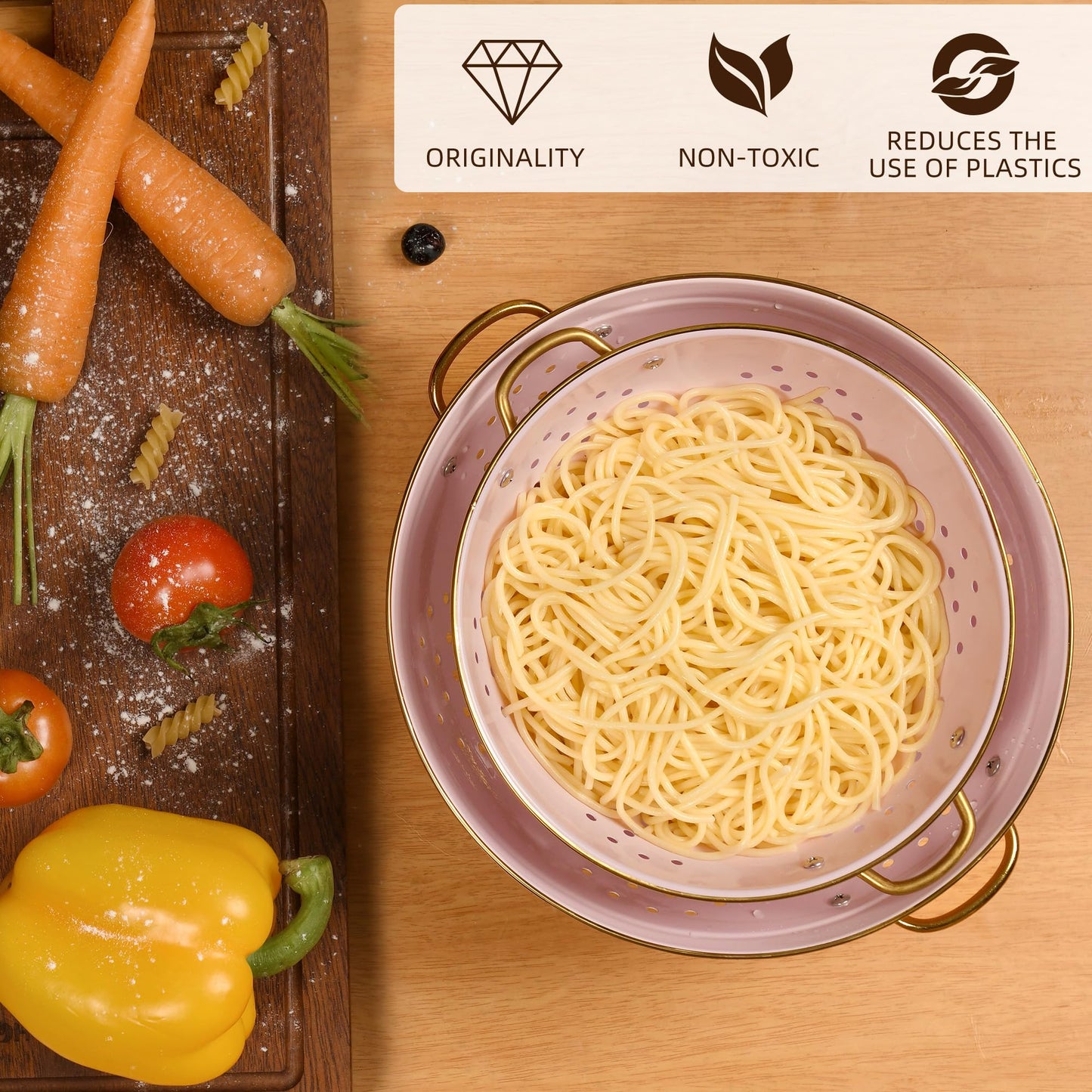 Metal Colander Set of 2, Strainer Basket with Handles 3.5 & 5 Qt Powder Coated Self-draining Solid Ring Base Metal Large Kitchen Colander Bowel for Pasta Vegetable Fruit (PINK)