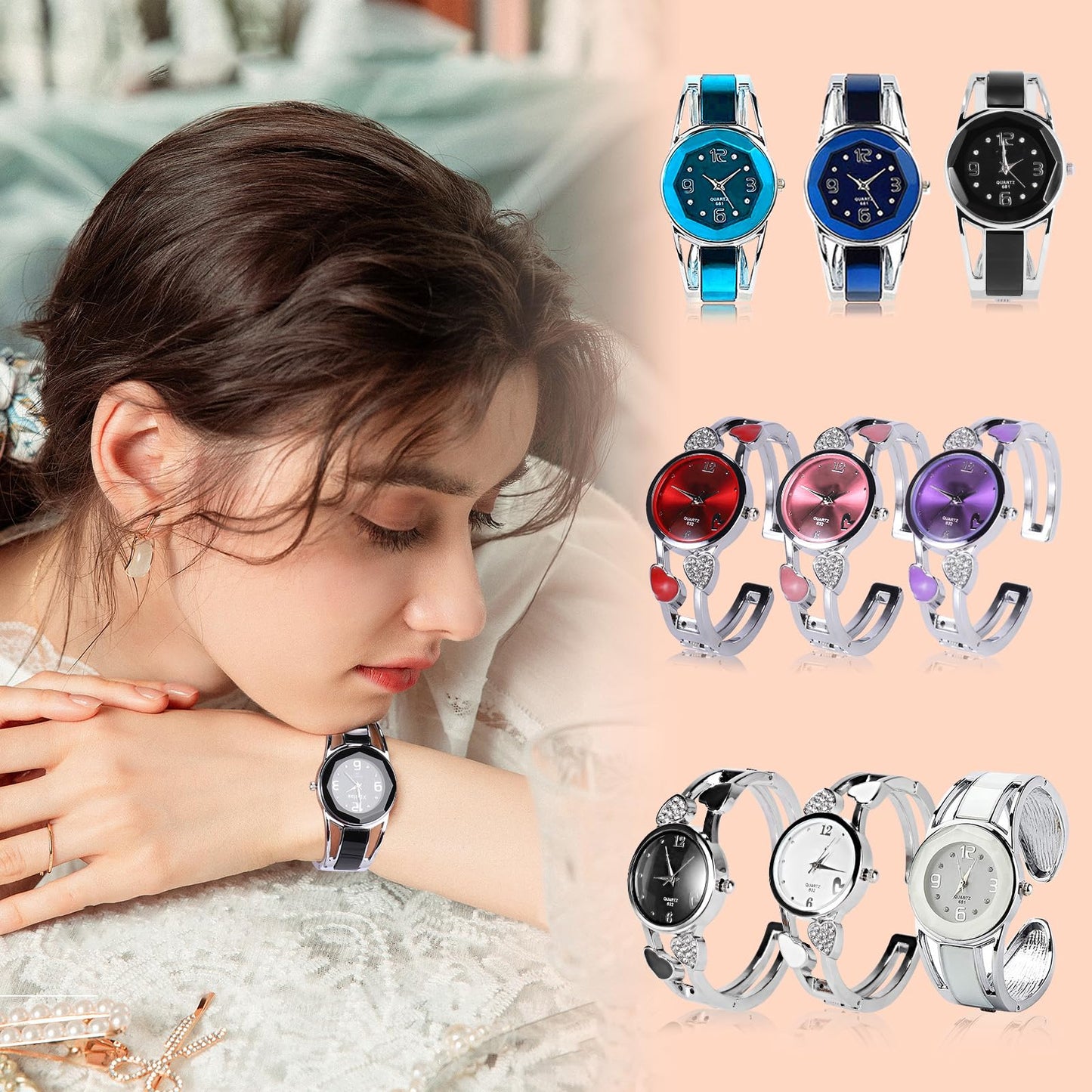 ELEOPTION Women Bangle Watch Bracelet Quartz with Rhinestone Round Dial Stainless Steel Band Wrist Ladies Watches with Womens Watch Box