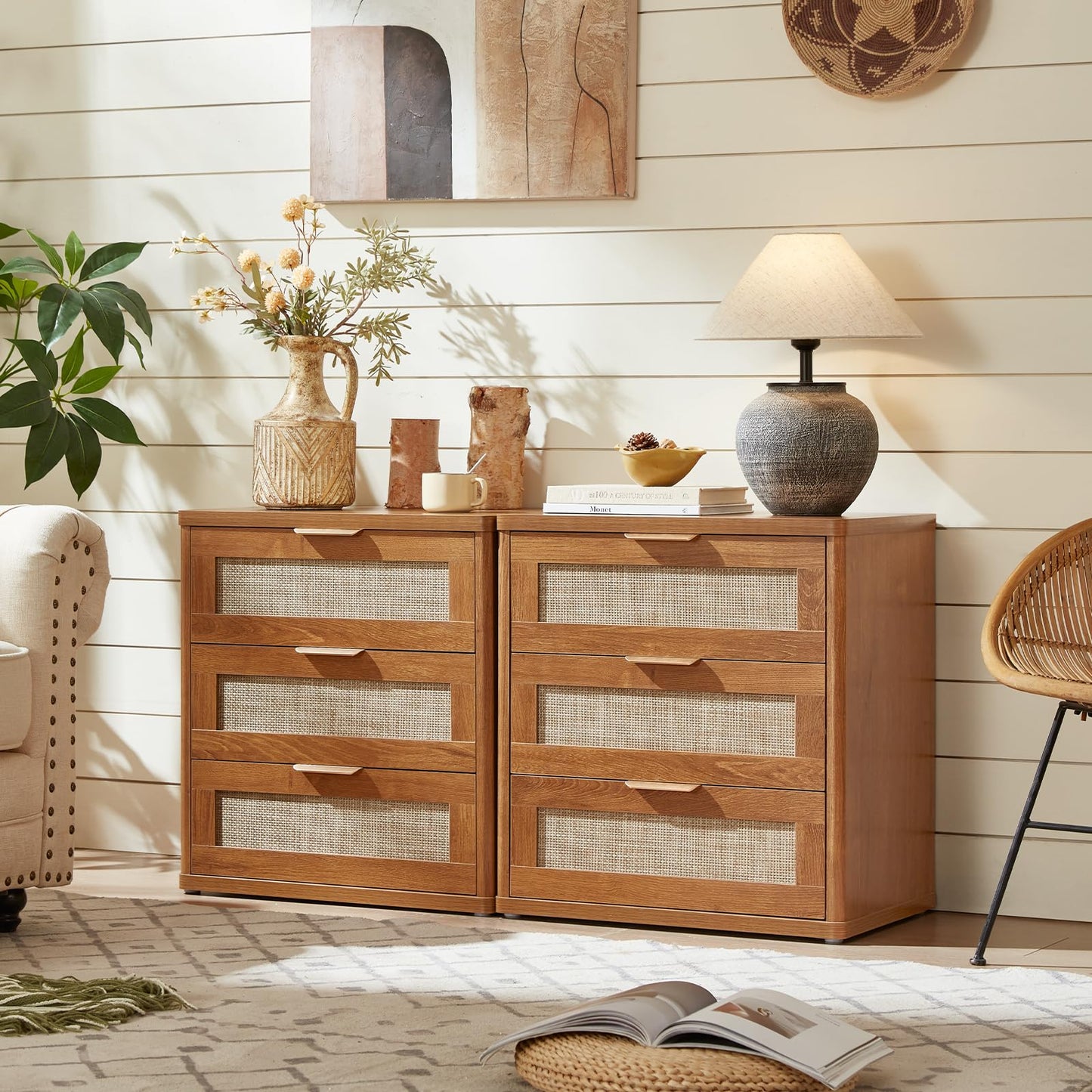 LEYAOYAO Rattan Night Stand with Drawers, 23" Large 3 Drawer Boho Nightstand, Natural Wood Bedside Table Storage Cabinet, Bed Side End Tables Dresser for Bedroom, Living Room, Hallway, Closet