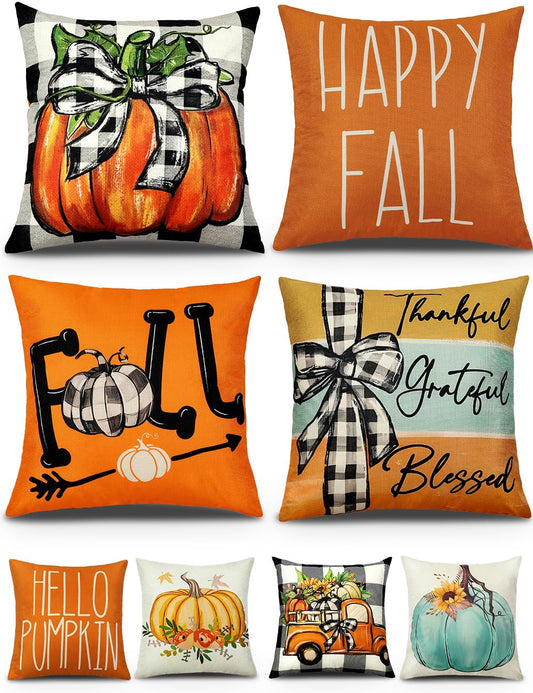 multiwins Fall Decorations Set of 4 Double-Sided Print Fall Pillow Covers 16" x 16", with 8 Cute Fall Decor Patterns, Soft Linen Throw Pillow Covers for Outdoor & Indoor Use, Perfect for Home Decor