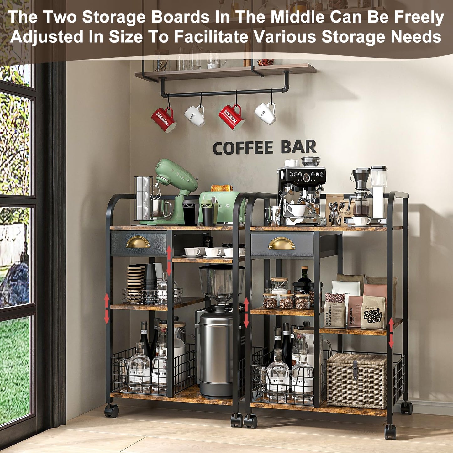 keomaisyto Coffee Cart with Storage Drawer, Coffee Bar Cabinet with Wheels, 4-Tier Adjustable Mobile Coffee Table, Rustic Wood Coffee Bar Station for Kitchen/Entrance/Living Room/Dining Room