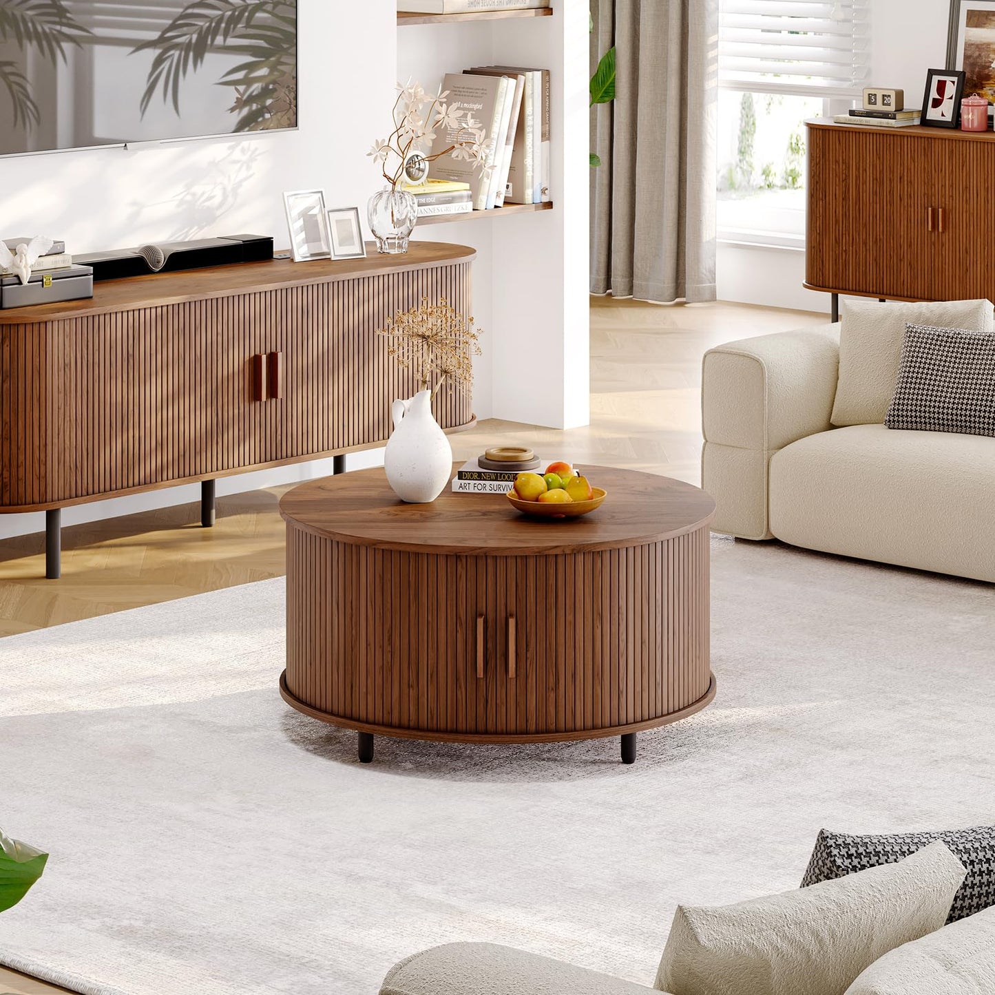 ONBRILL Round Coffee Table with Storage, 31.5" Modern Coffee Table with 360° Curved Sliding Door, Fluted Wood Accent Coffee Table with Adjustable Footpads, Round Center Table for Living Room, Walnut