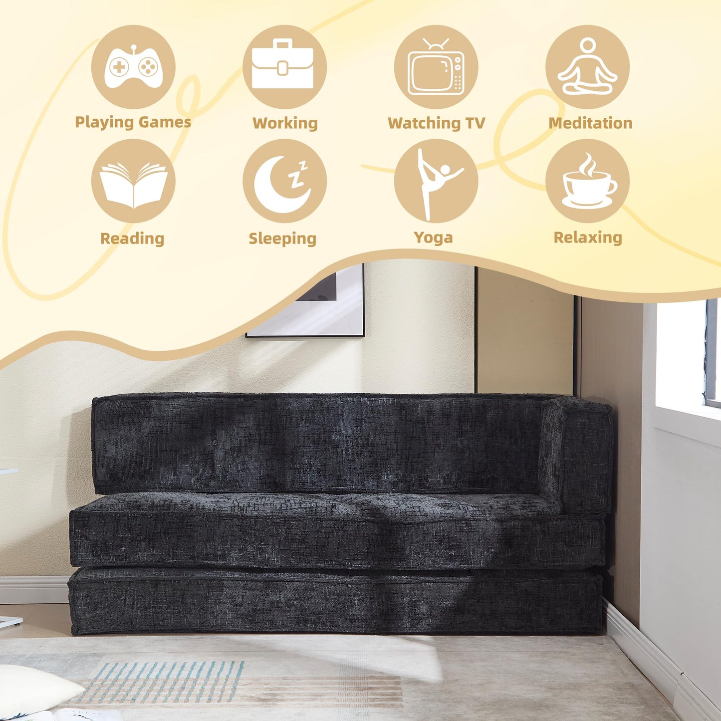 VYNELITO Modular Couch Convertible Sleeper Floor Sofa Bed, Chenille Folding Mattress Couch with Side Bag Storage, 4-in-1 Combined Lazy Sofa for Living Room Bedroom,Black